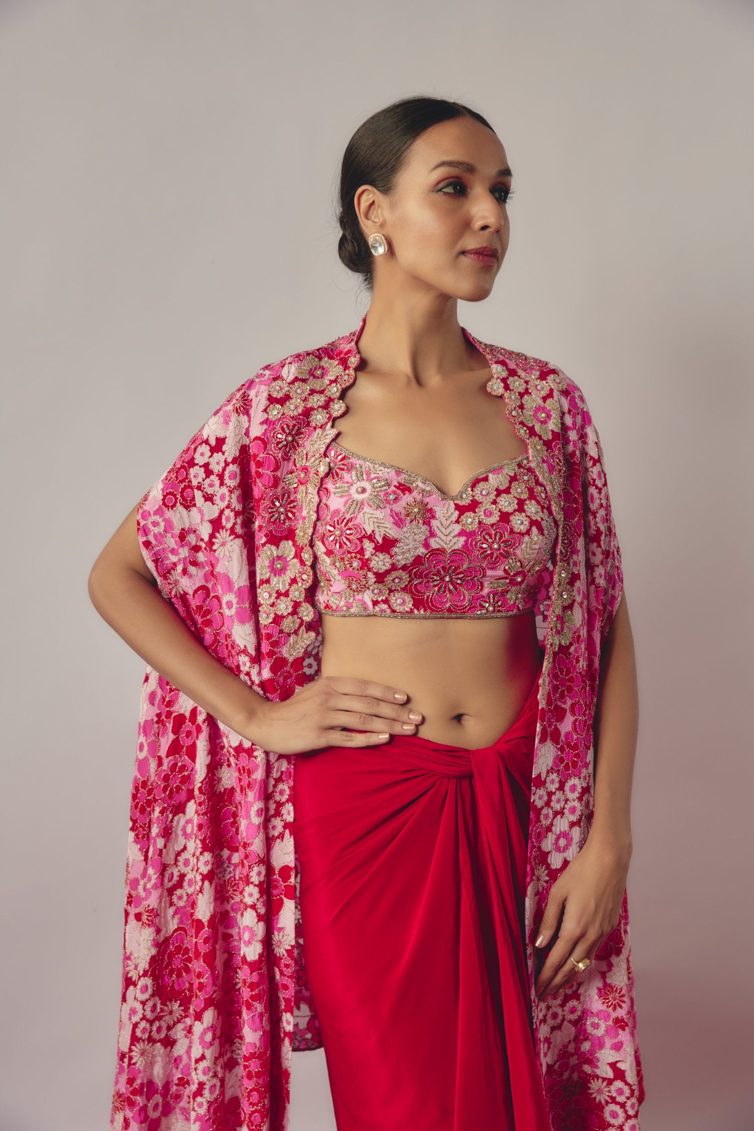 Red And Floral Pink Embroidered Cape Set