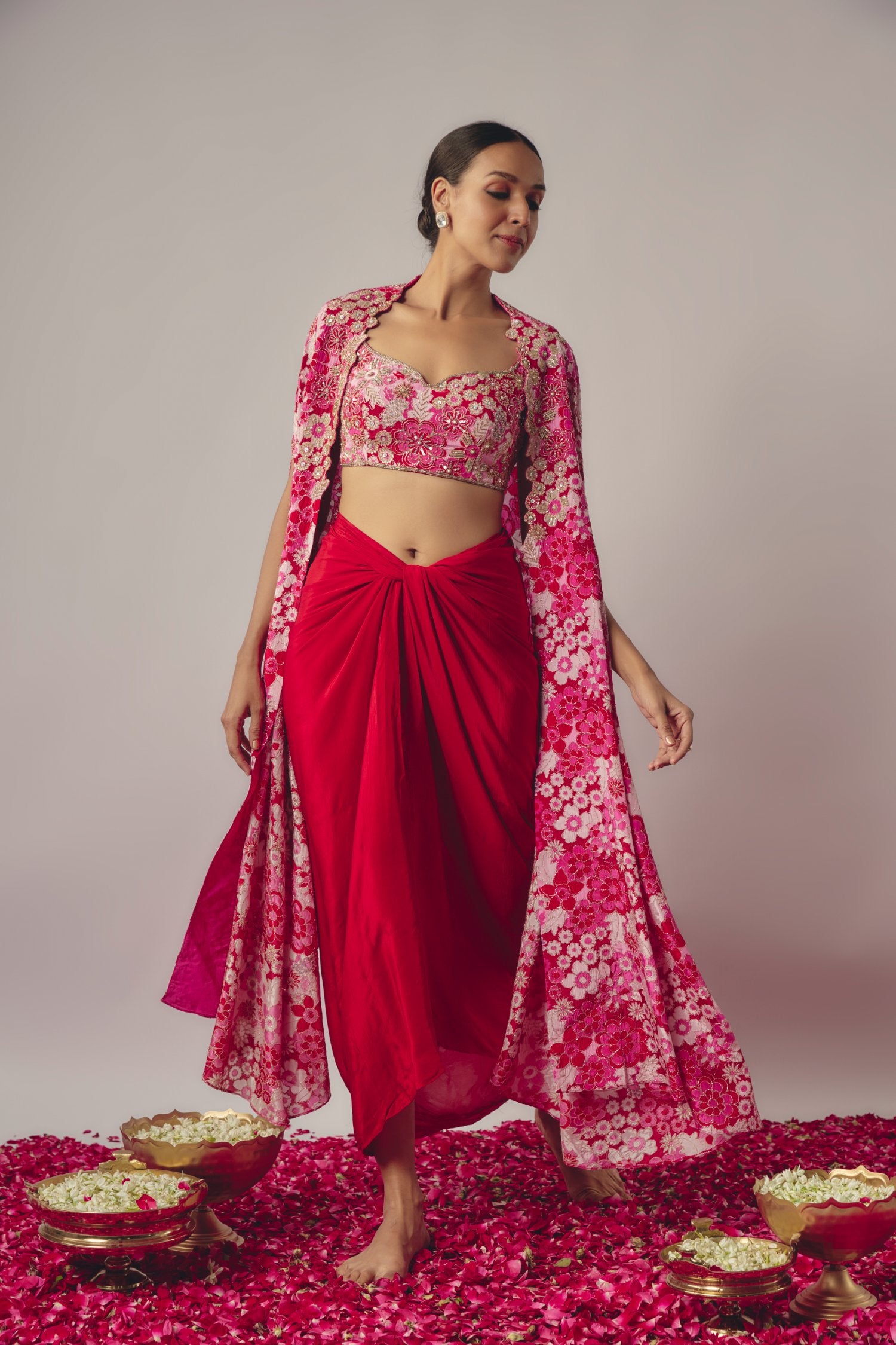 Red And Floral Pink Embroidered Cape Set