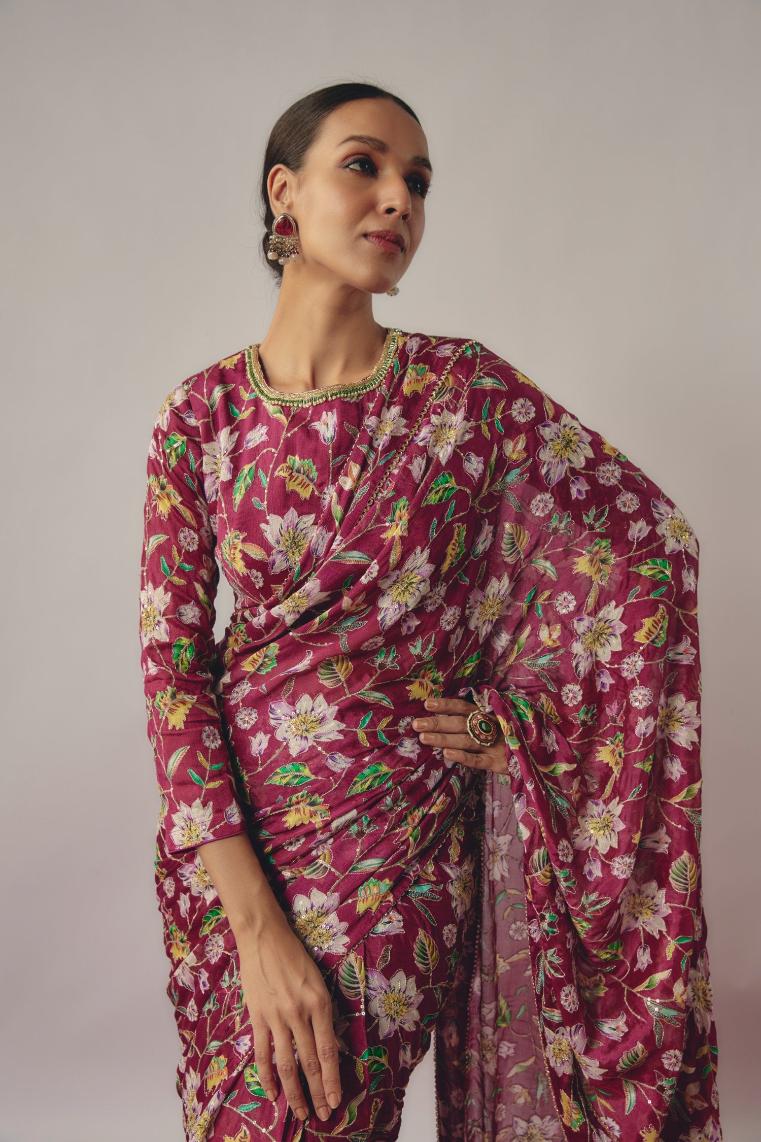 Magenta Floral Embroidered Pre- Draped Saree