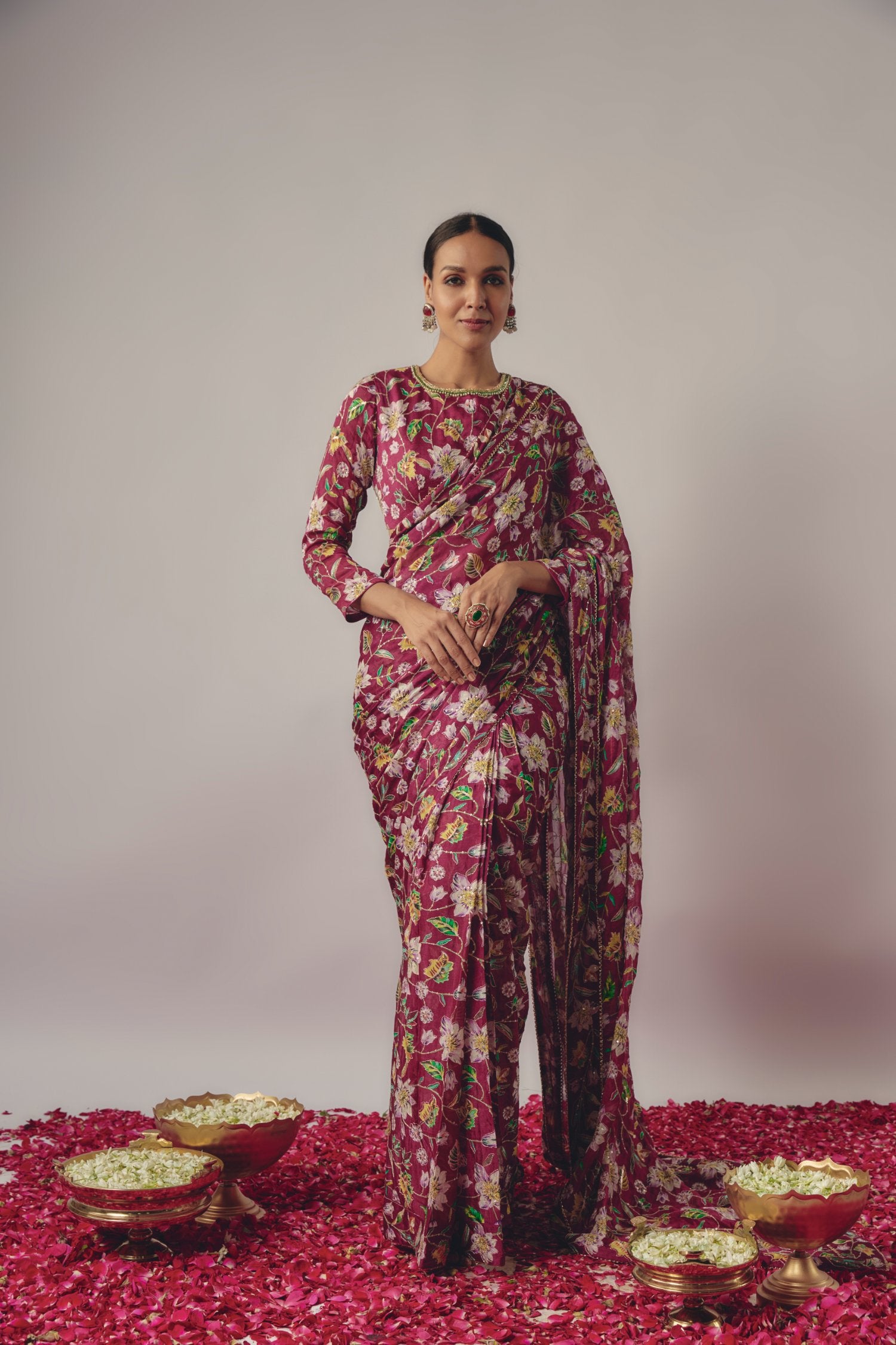 Magenta Floral Embroidered Pre- Draped Saree