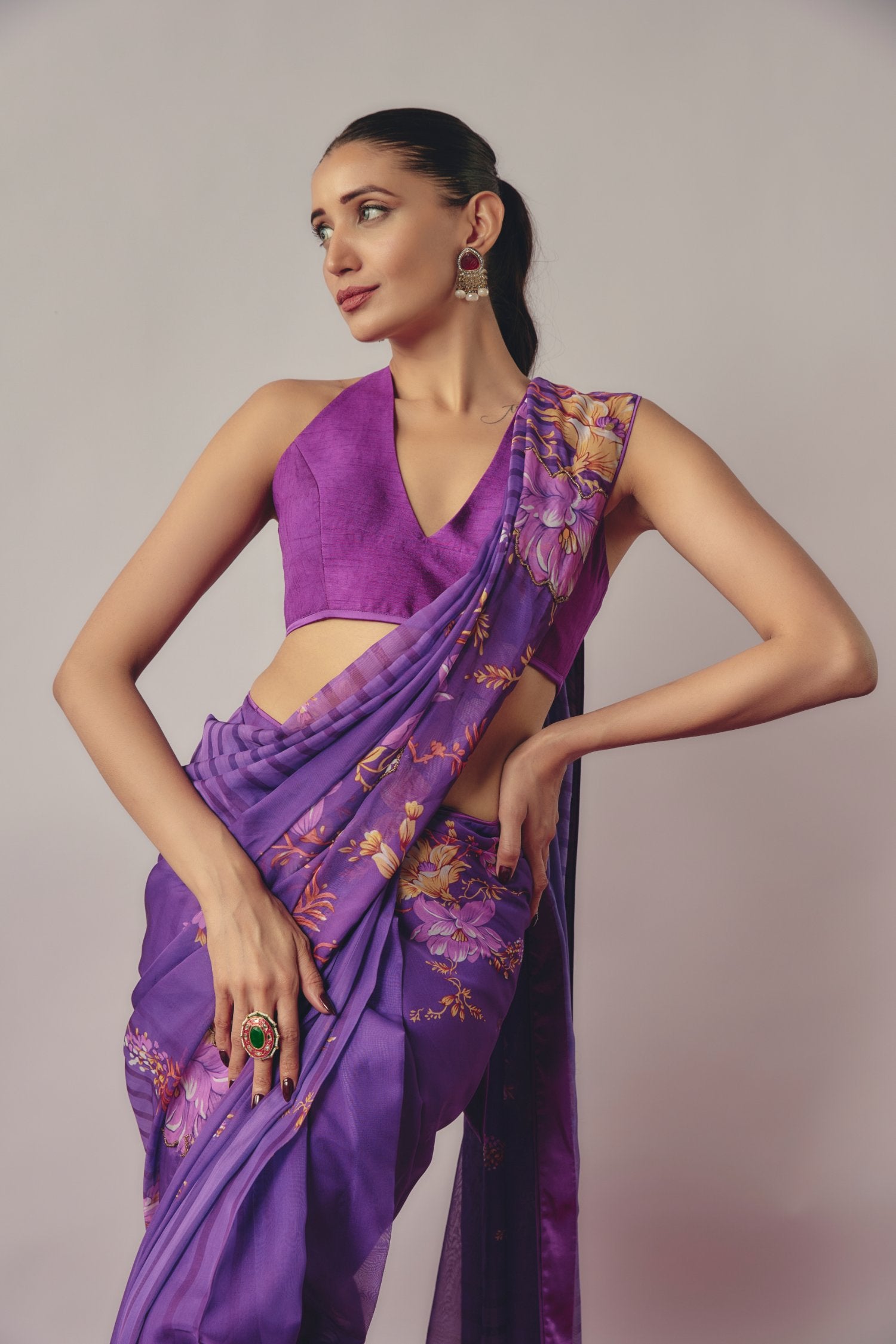 Purple Embroidered Pre-Draped Saree