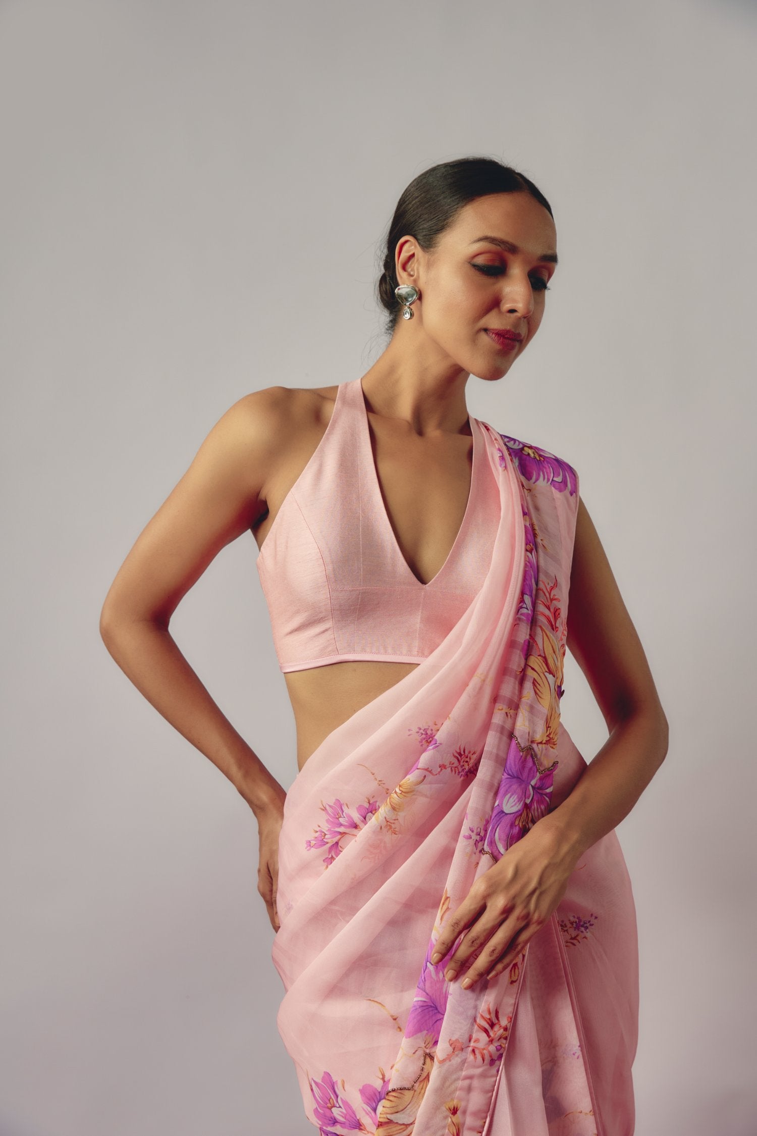 Baby Pink Embroidered Pre-Draped Saree