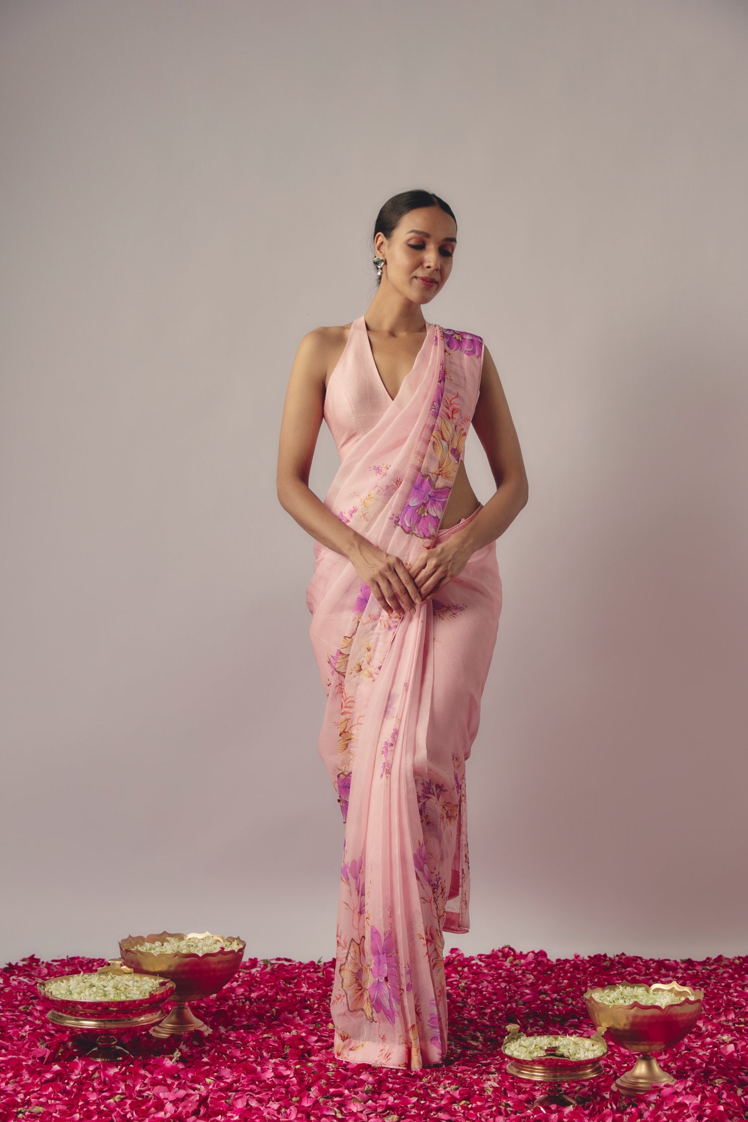 Baby Pink Embroidered Pre-Draped Saree