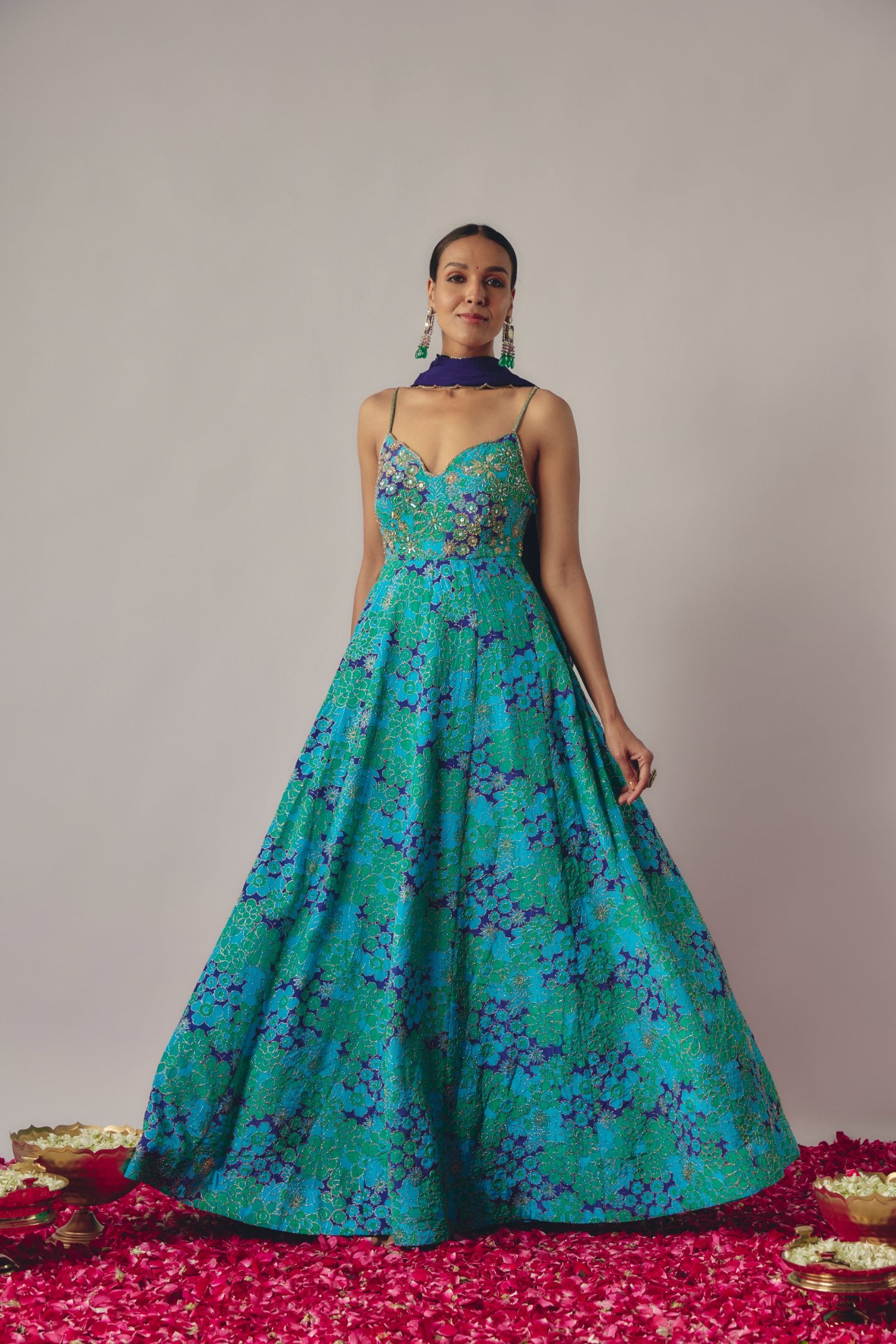 Floral Blue Embroidered Anarkali Set