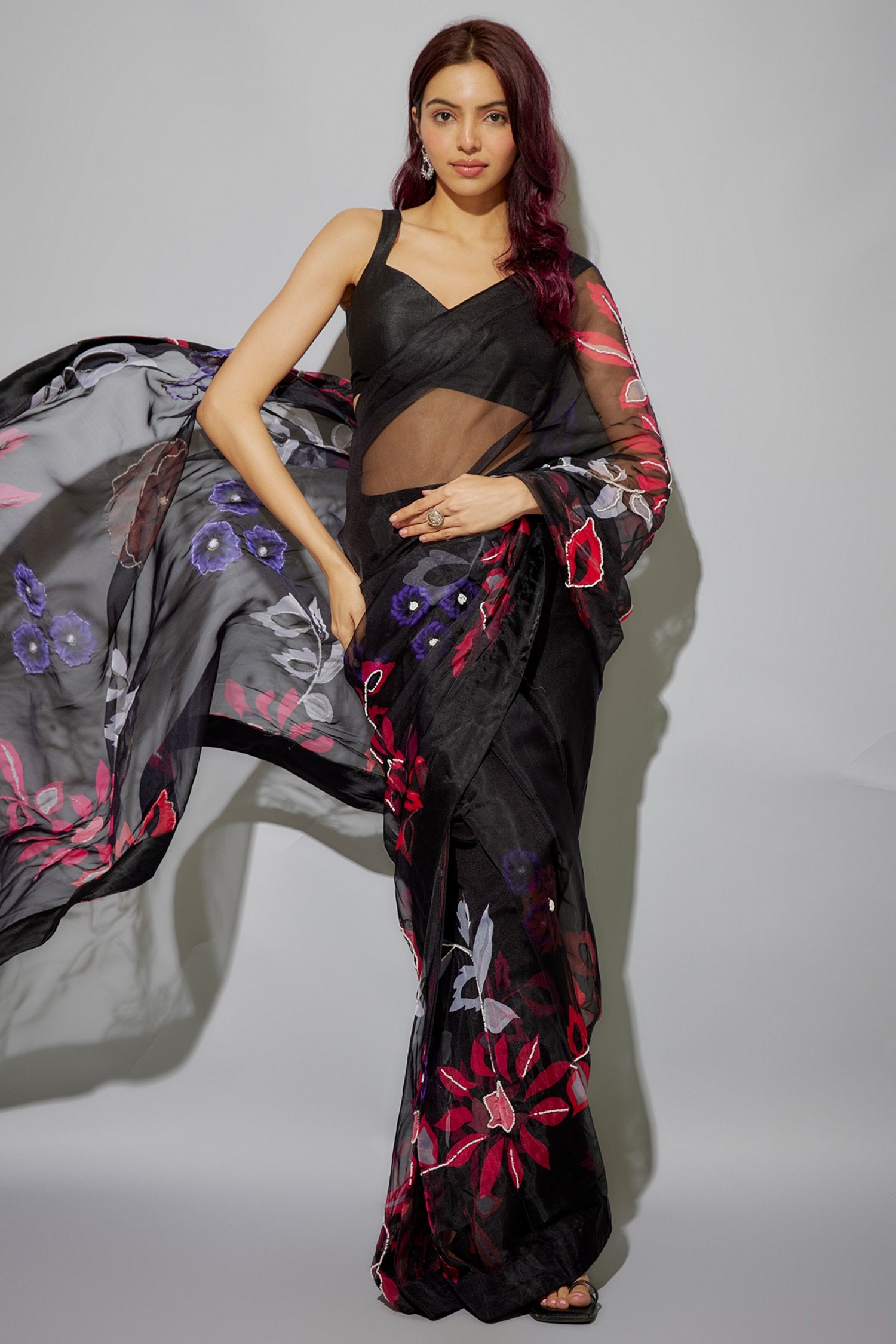 Black Organza Printed Pre-Draped Saree Set