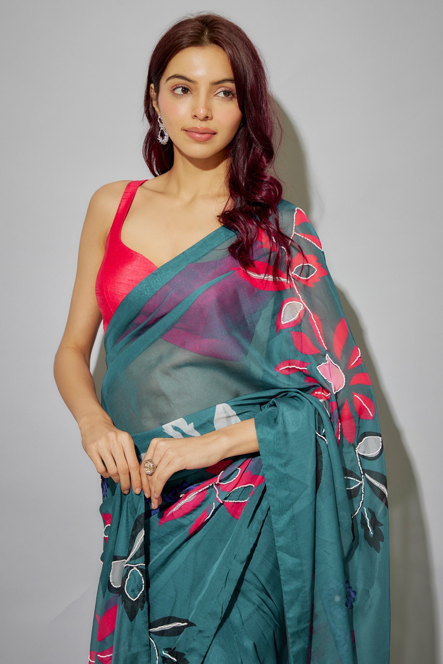 Teal Blue Organza Printed Pre-Draped Saree Set