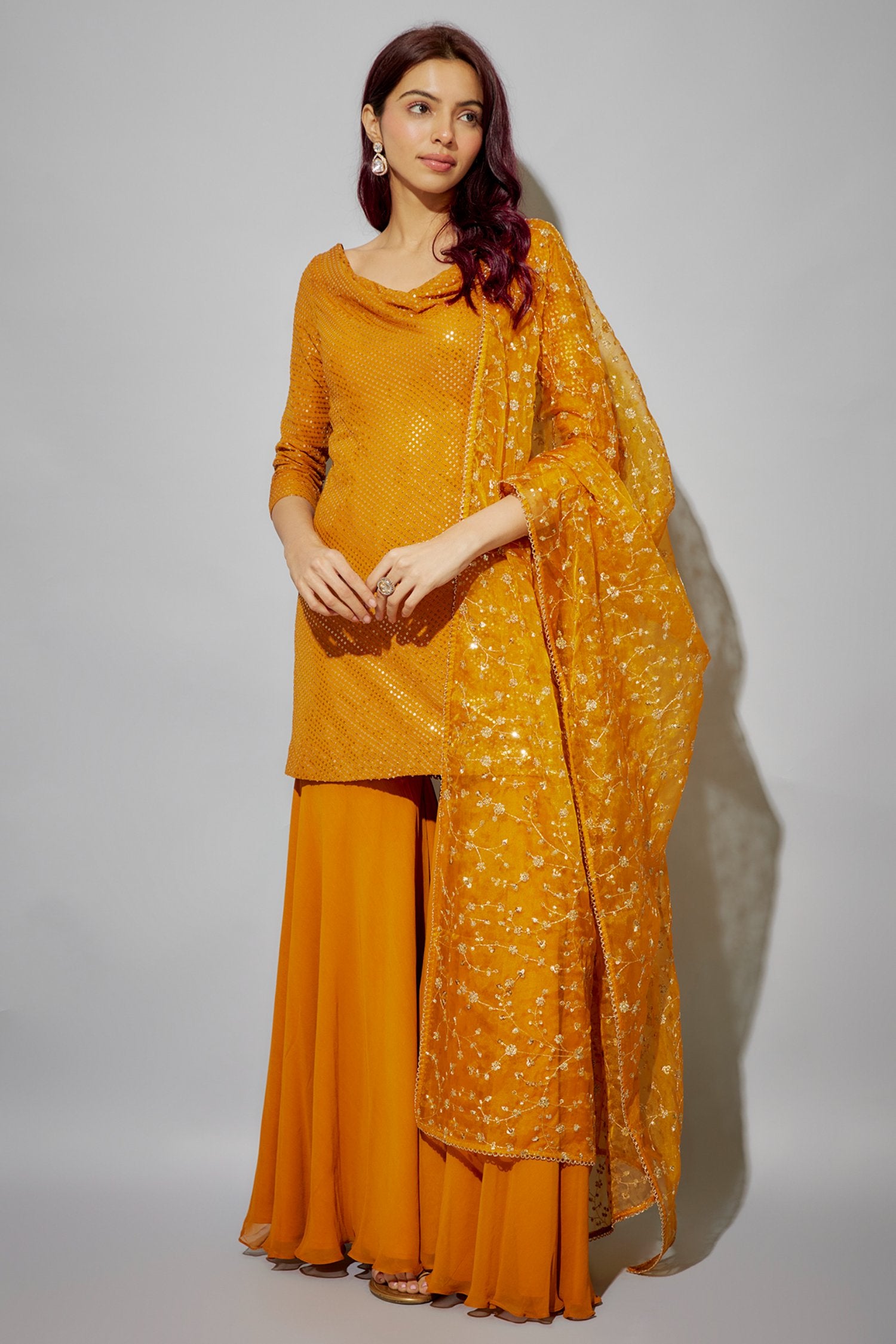 Mustard Georgette Embroidered Sharara Set