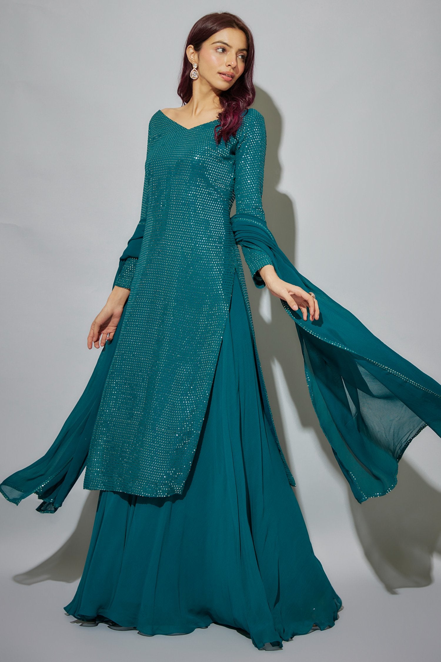 Teal Blue Georgette Embroidered Kurta Set