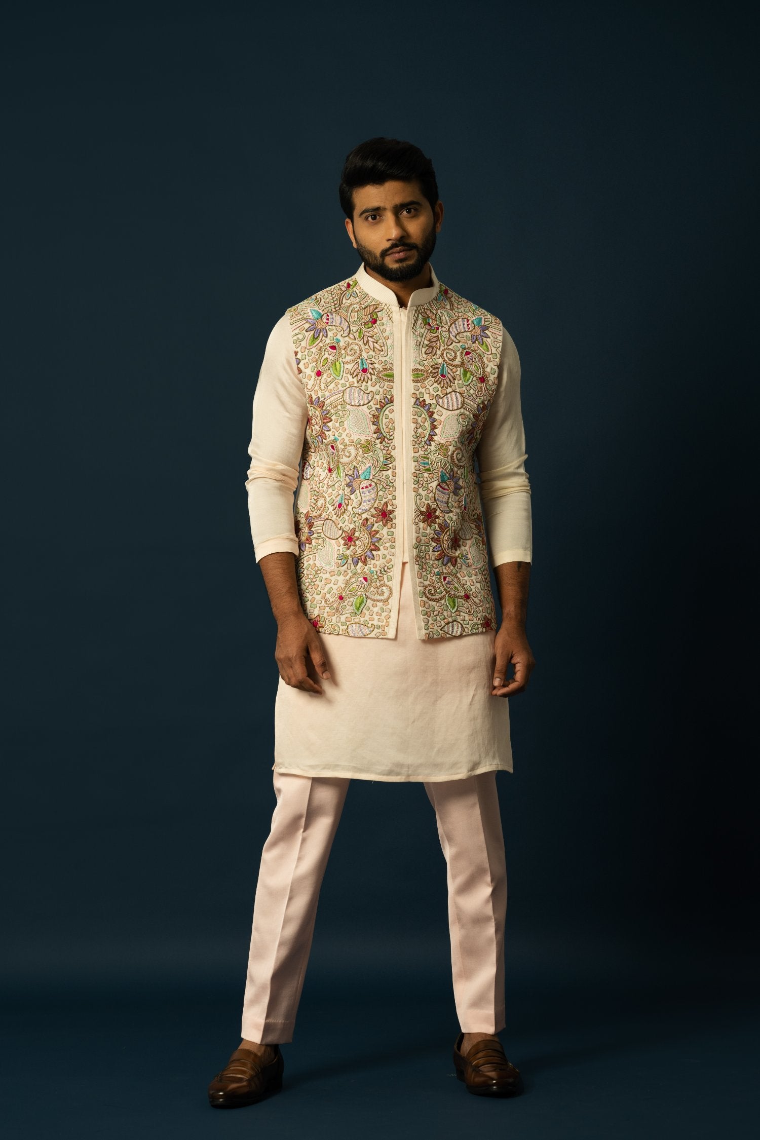 Fawn Kurta & Multicolour Nehru Set