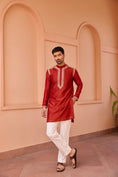 Load image into Gallery viewer, Red Dori And Hand Embroidered Silk Kurta Set
