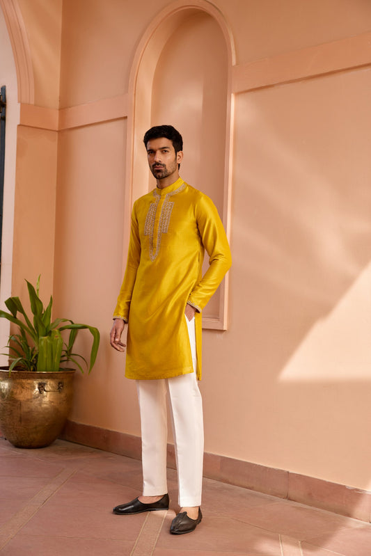 Yellow Dori And Hand Embroidered Silk Kurta Set