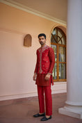 Load image into Gallery viewer, Red Hand Embroidered Bundi Jacket Set
