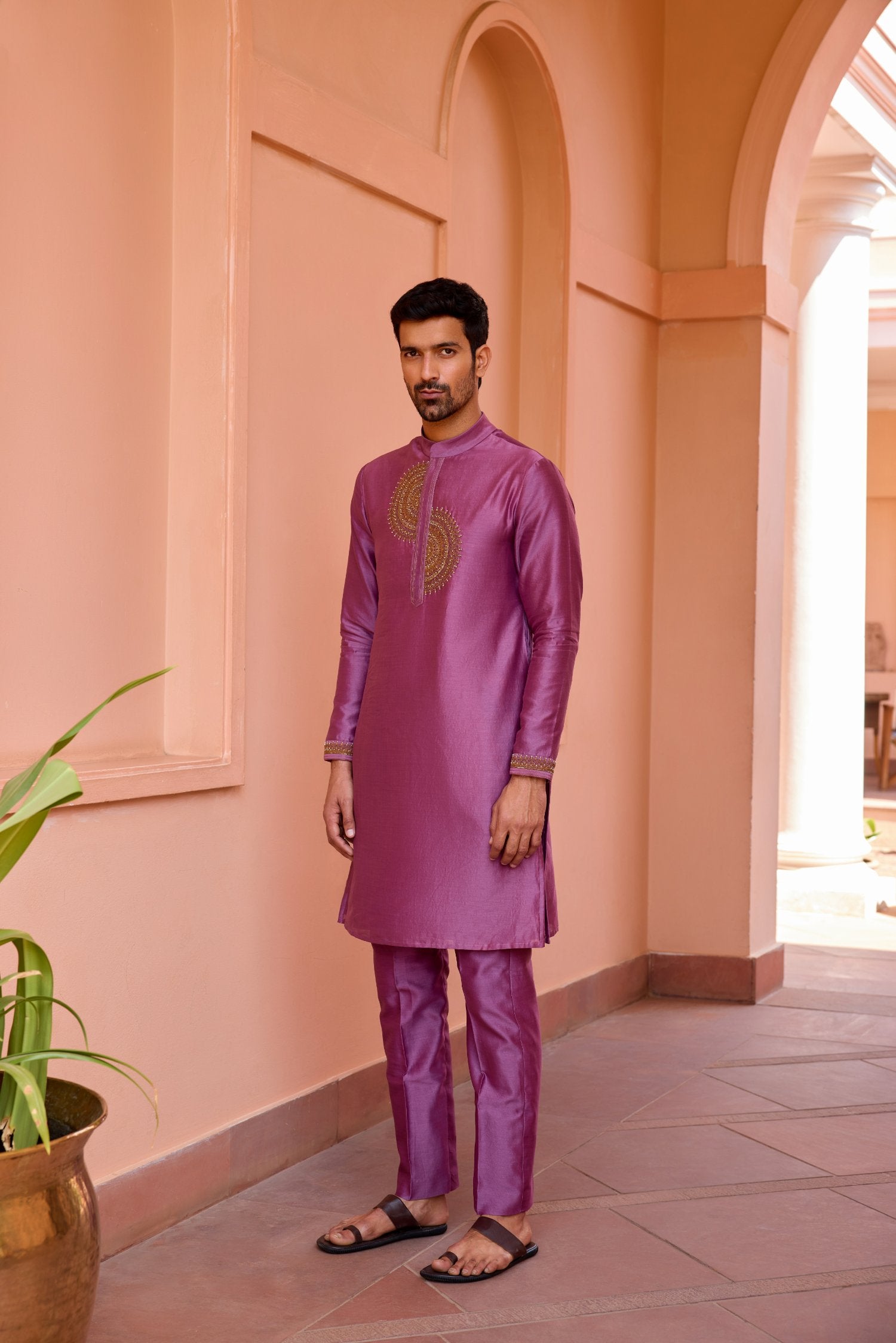 Plum Earthy Pink Dori And Hand Embroidered Silk Kurta