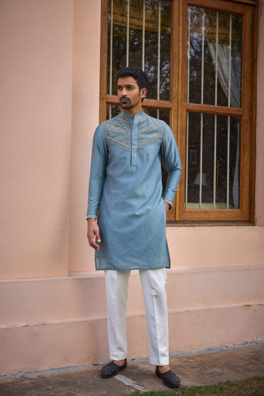 Grey Dori And Hand Embroidered Silk Kurta