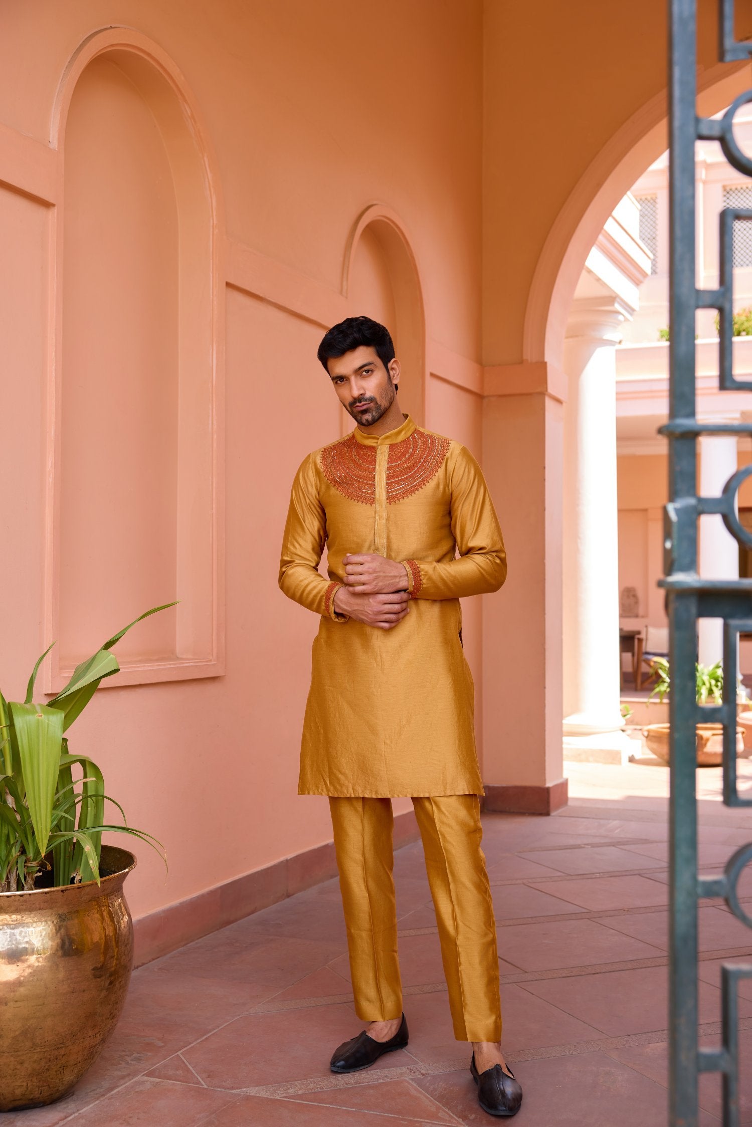 Gold Mustard Dori And Hand Embroidered Silk Kurta Set