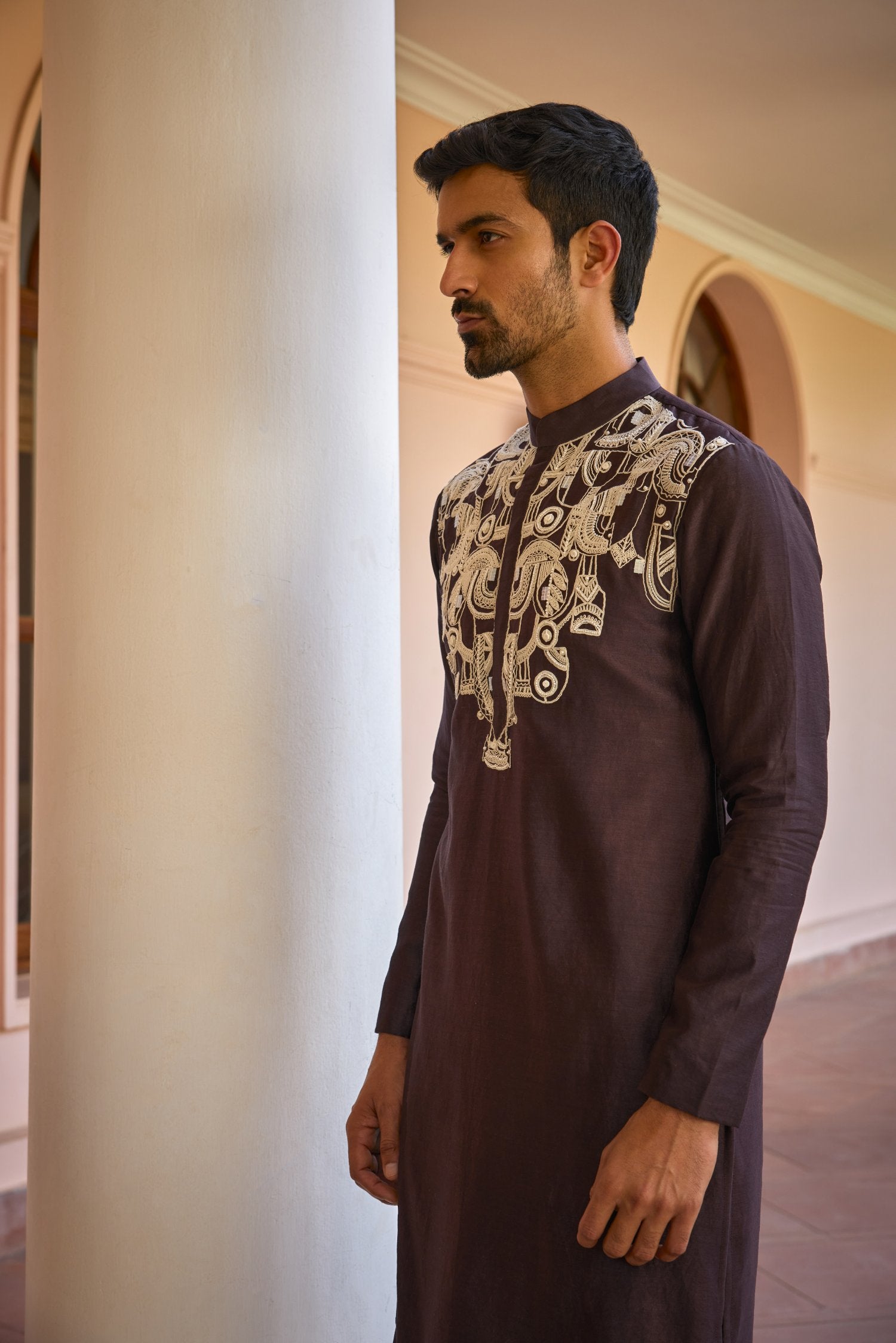 Brown Dori And Hand Embroidered Silk Kurta Set