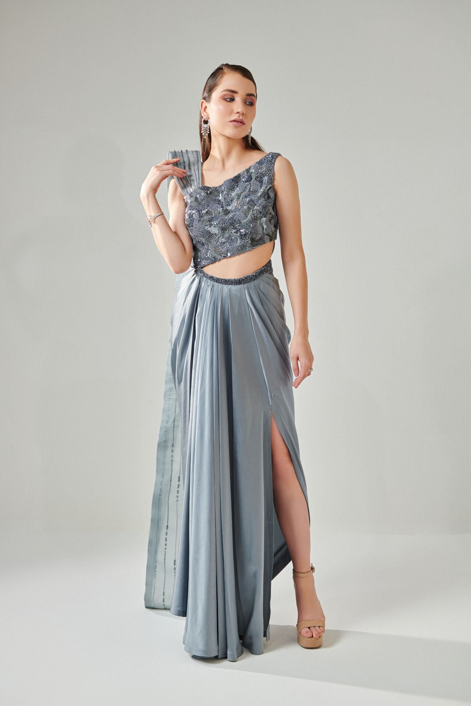 Ash Grey Drape Saree Gown With Embellished 3-D Palla