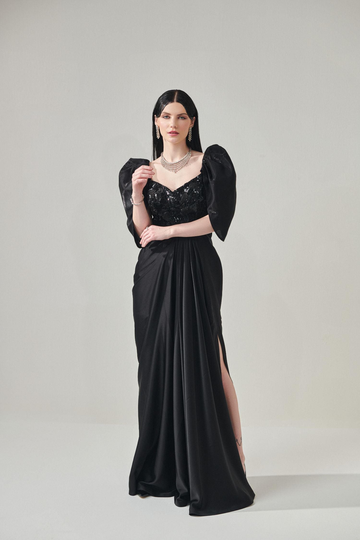 Black Draped Gown With Voluminous Sleeves