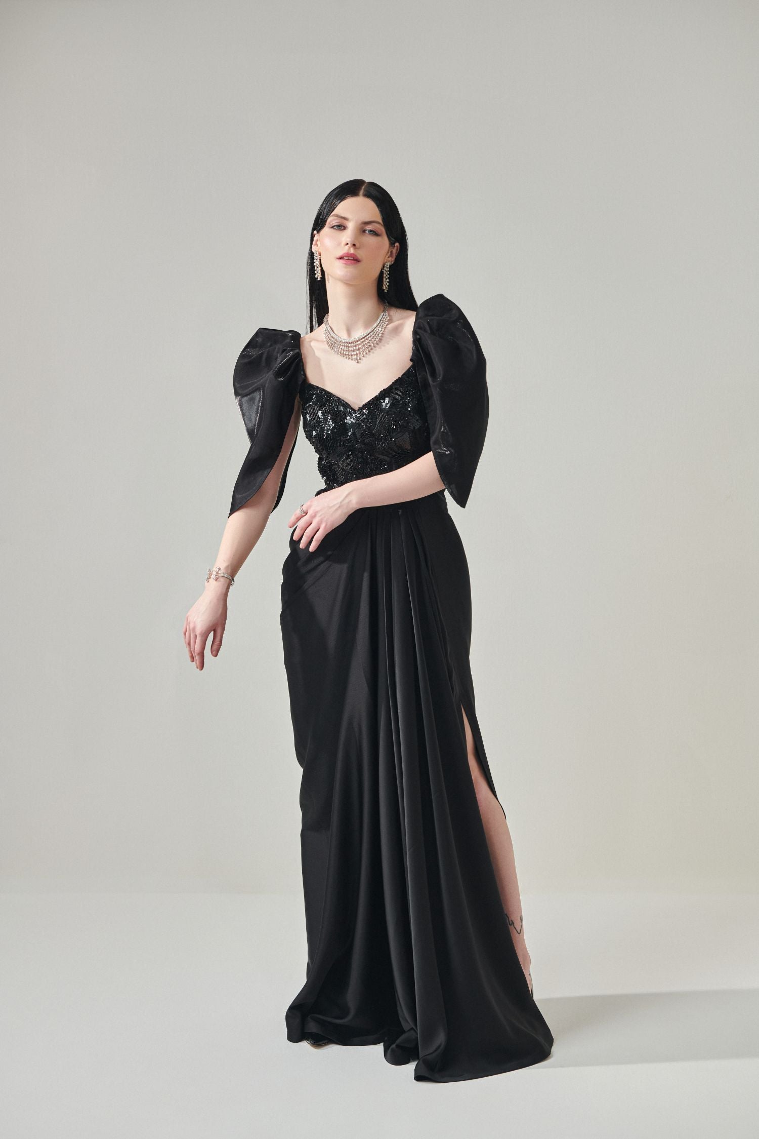 Black Draped Gown With Voluminous Sleeves