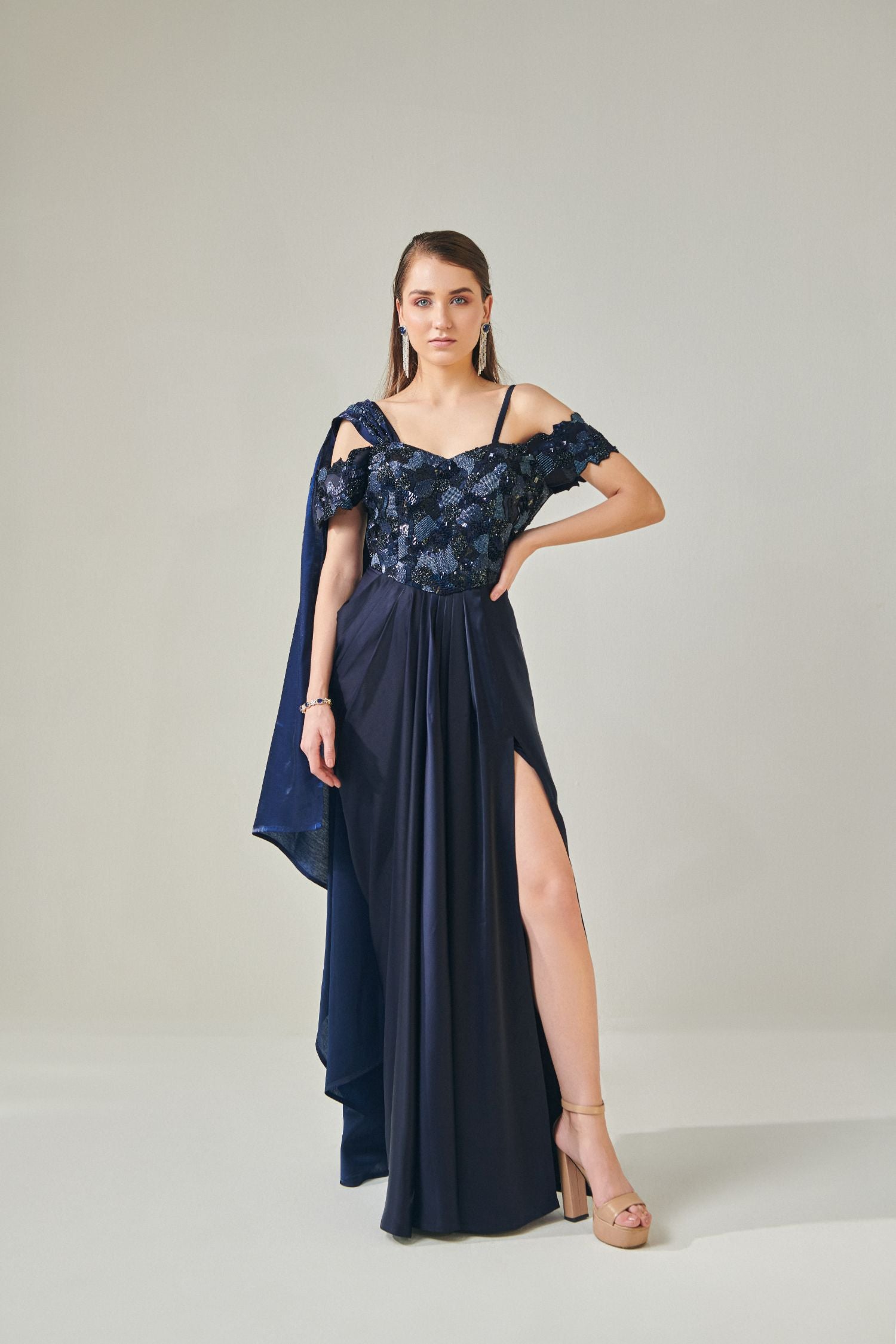 Midnight Blue Off- Shoulder Drape Gown With Detachable Palla