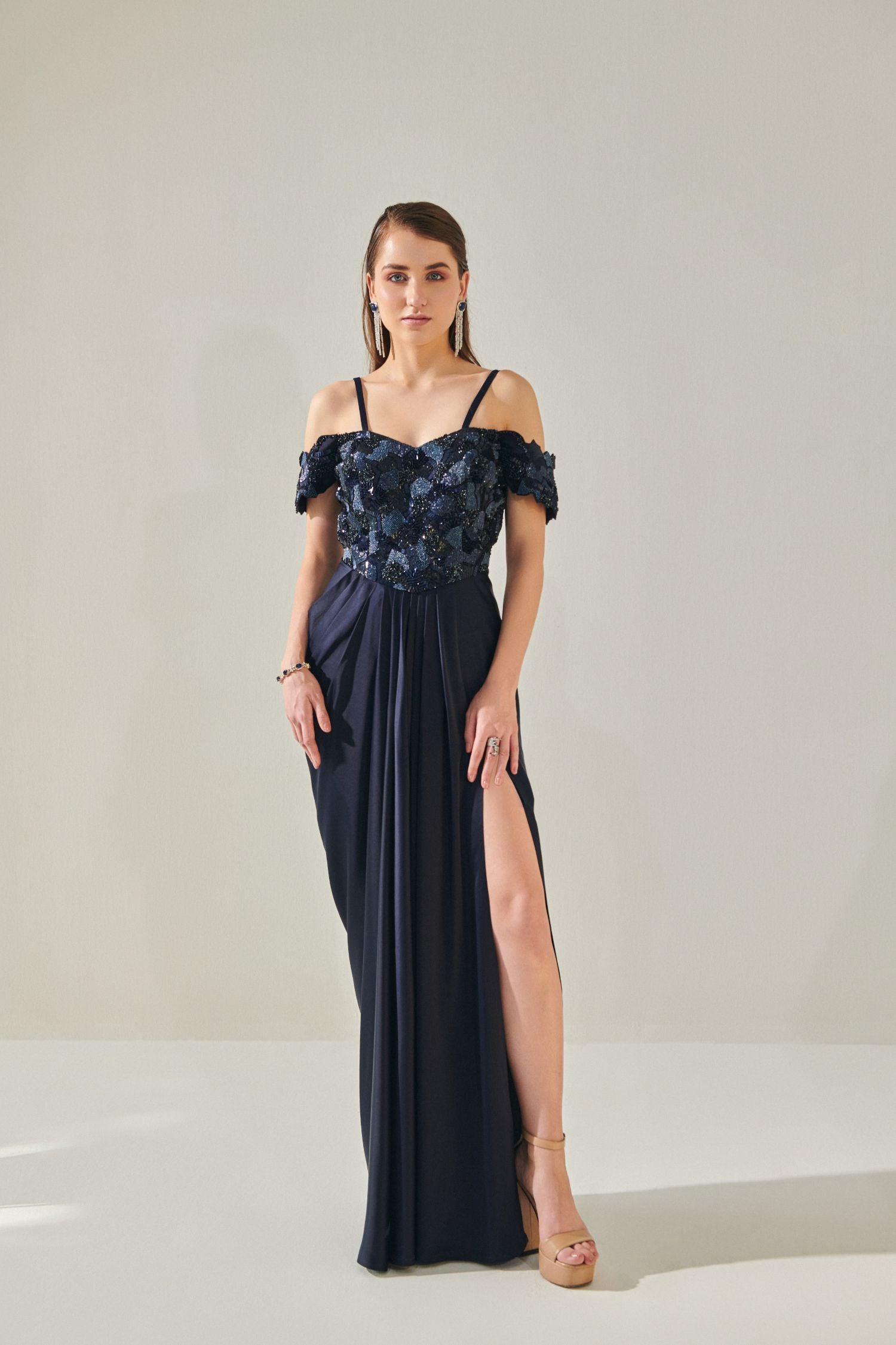 Midnight Blue Off- Shoulder Drape Gown With Detachable Palla