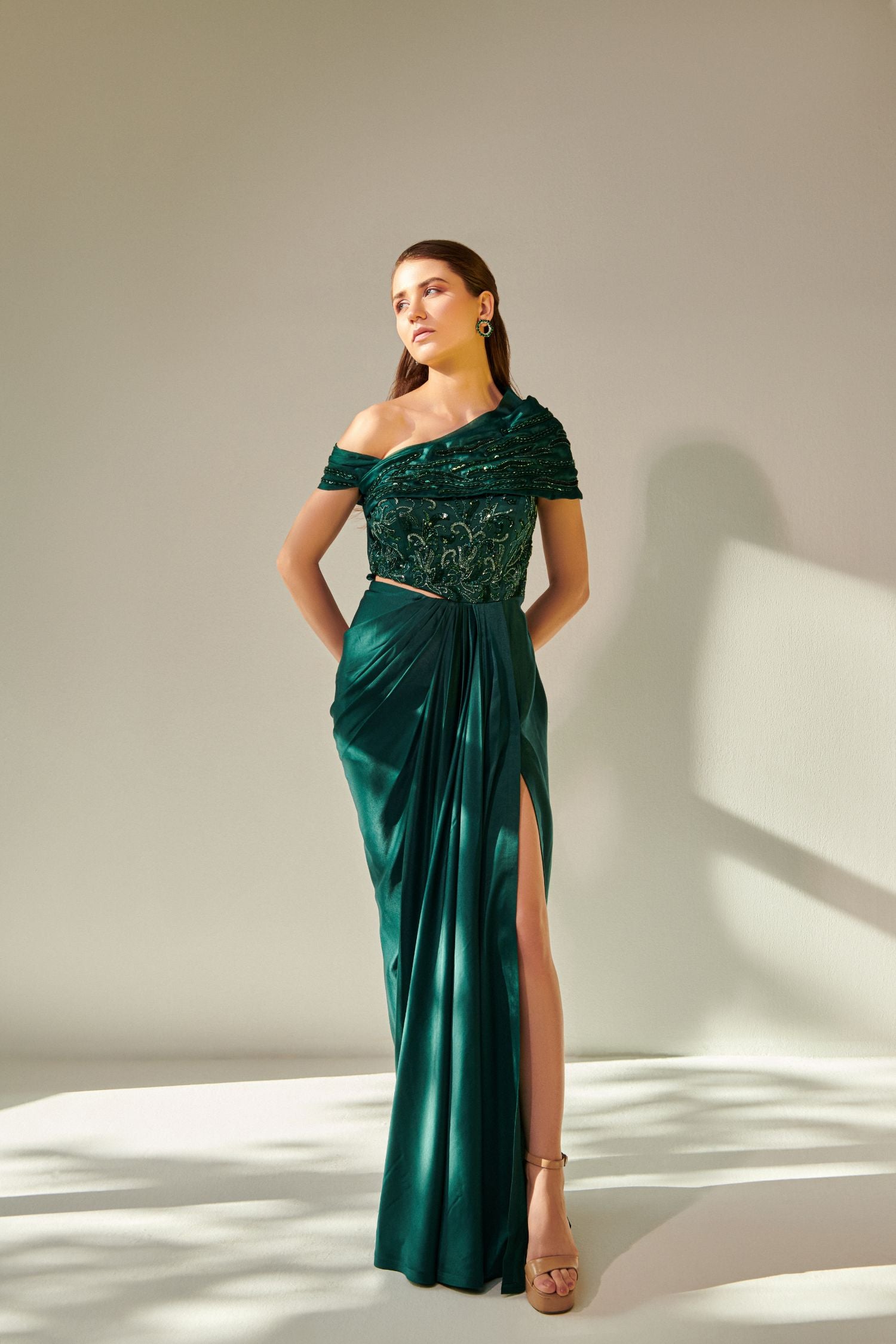 Off Shoulder Emerald Green Drape Gown With Waist Cut-Out