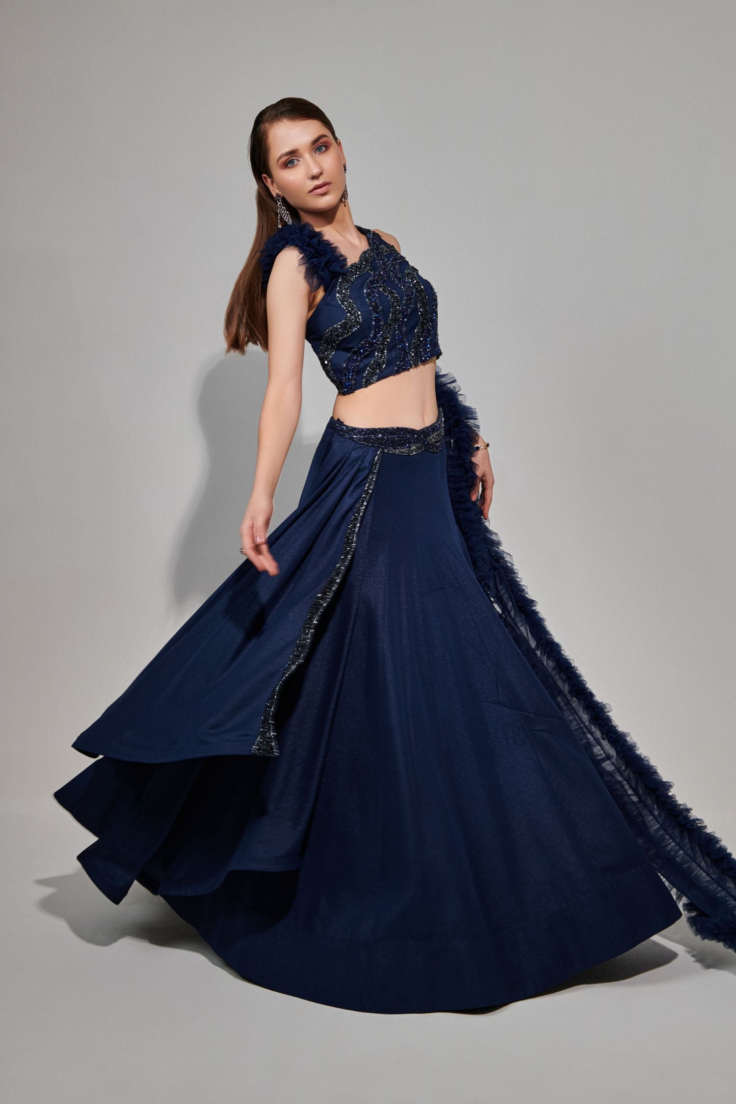 Midnight Blue Multi Layered Kali Lehenga With One Shoulder Blouse And Attached Ruffle Dupatta