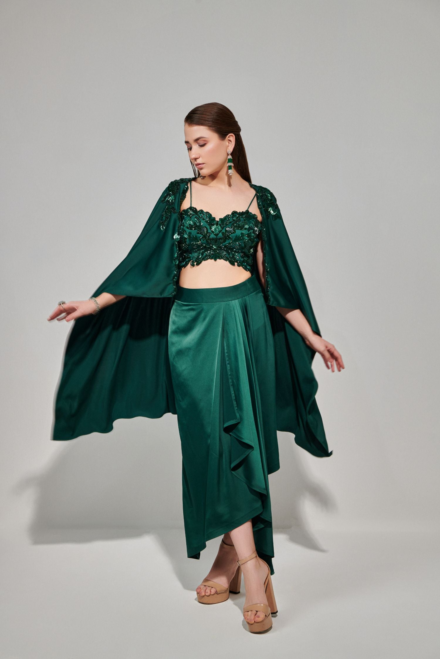 Emerald Green Hand Embroidered Cape Set With Cutwork Blouse And Drape Skirt