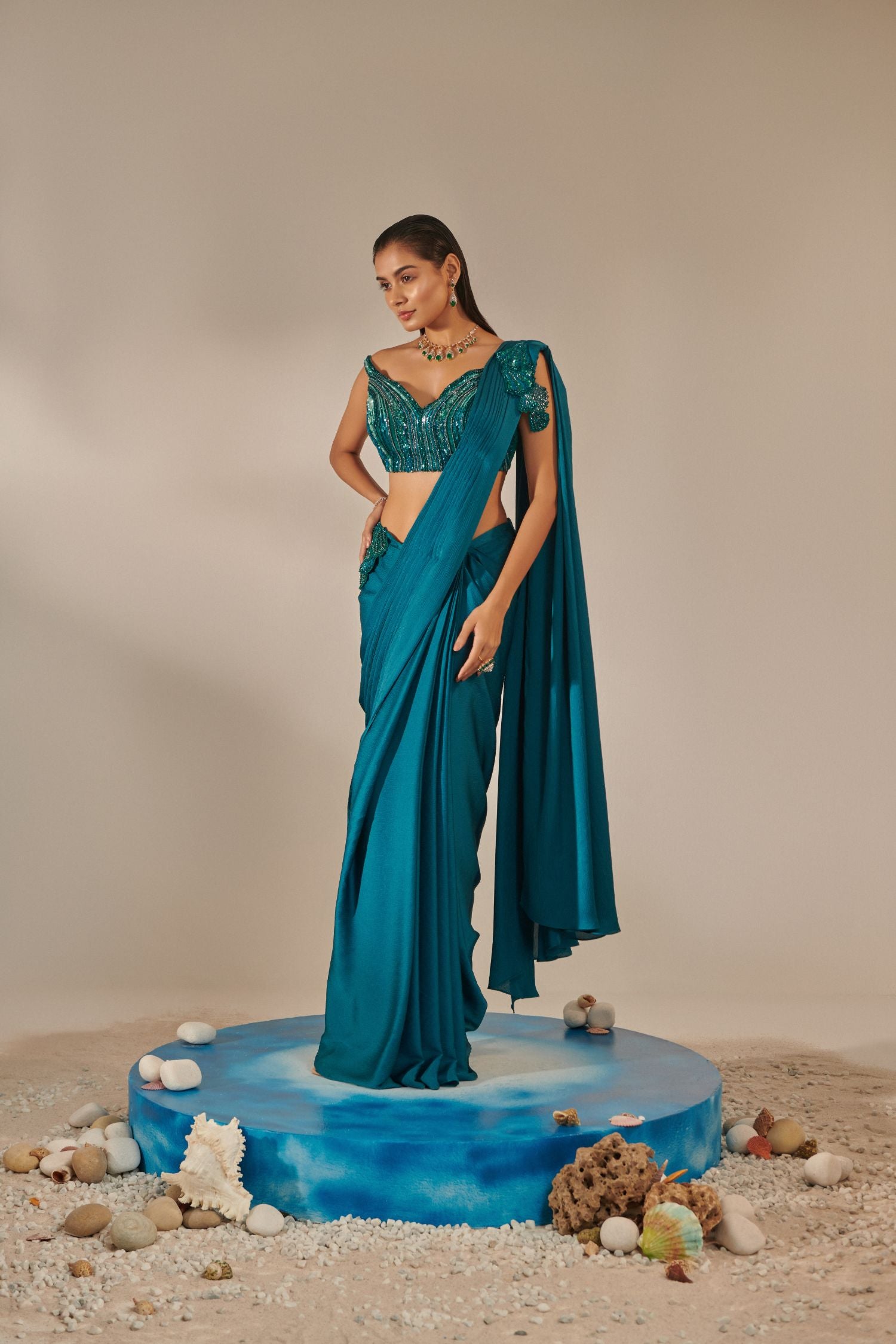 Teal Off Shoulder Pre-Stitch Drape Saree Set