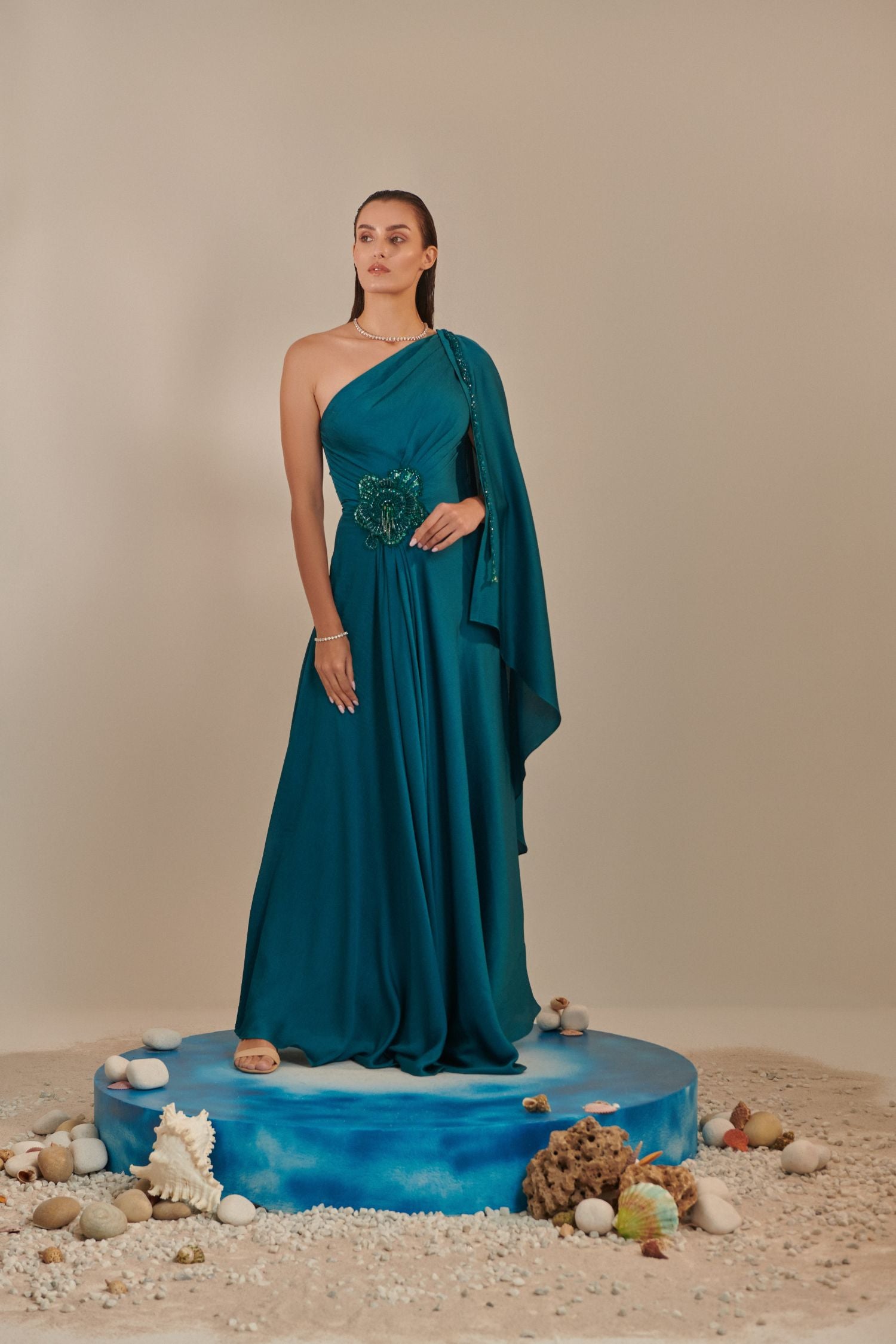 Teal One Shoulder Drape Gown