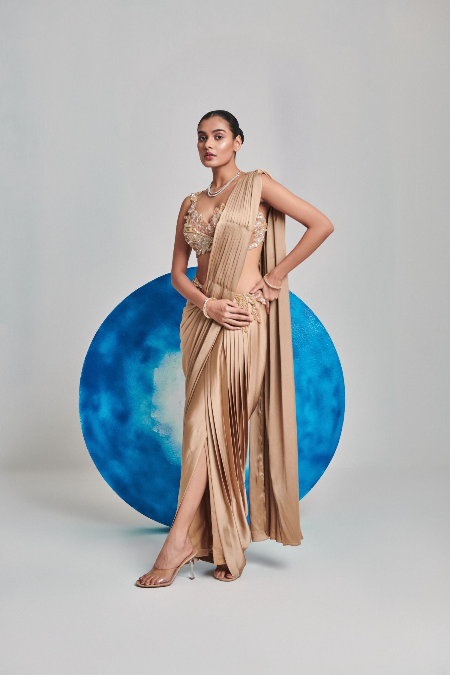 Champagne Gold Pre Stitch Hand Pleated Drape Saree Set