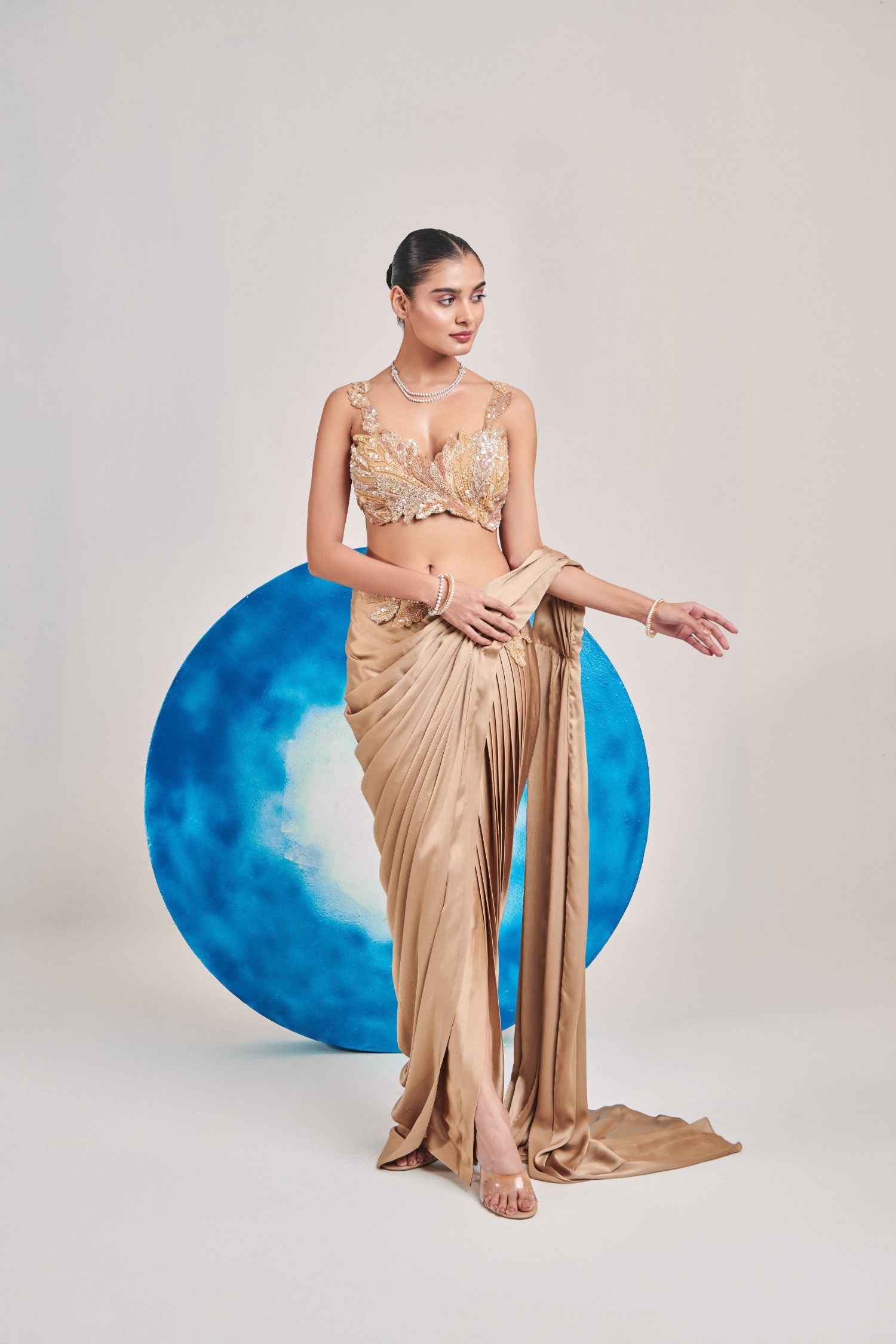 Champagne Gold Pre Stitch Hand Pleated Drape Saree Set