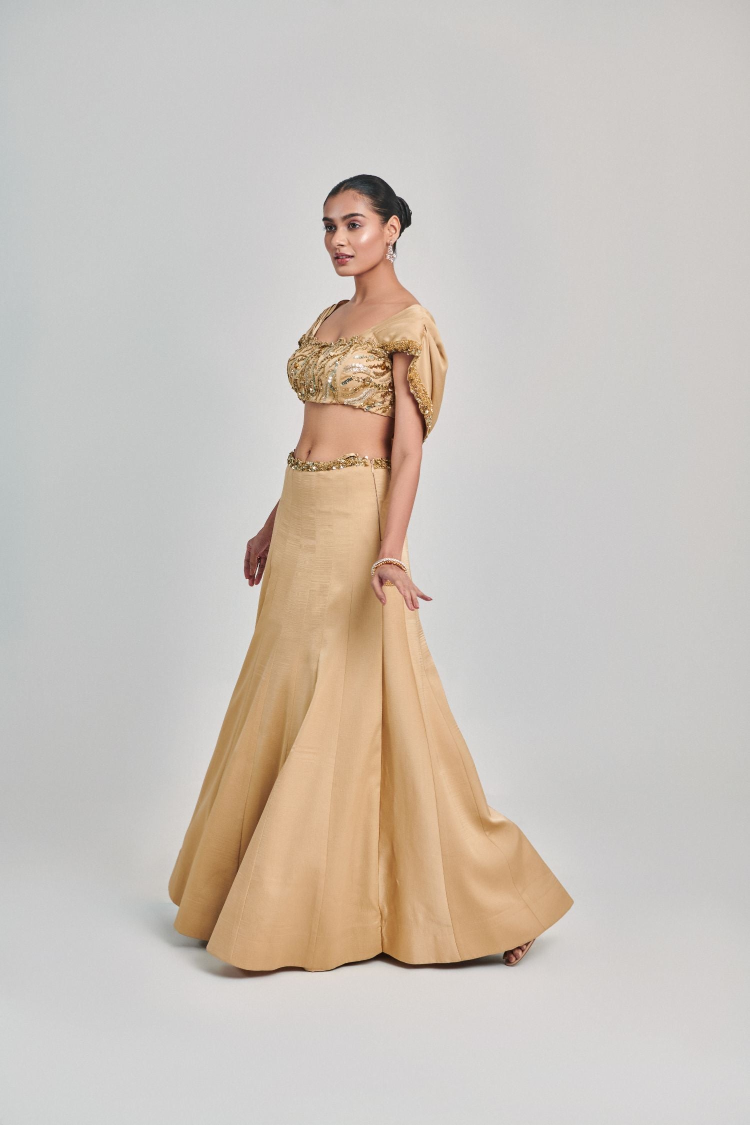 Golden Cowl Sleeves Cutwork Blouse Kalidar Skirt Set