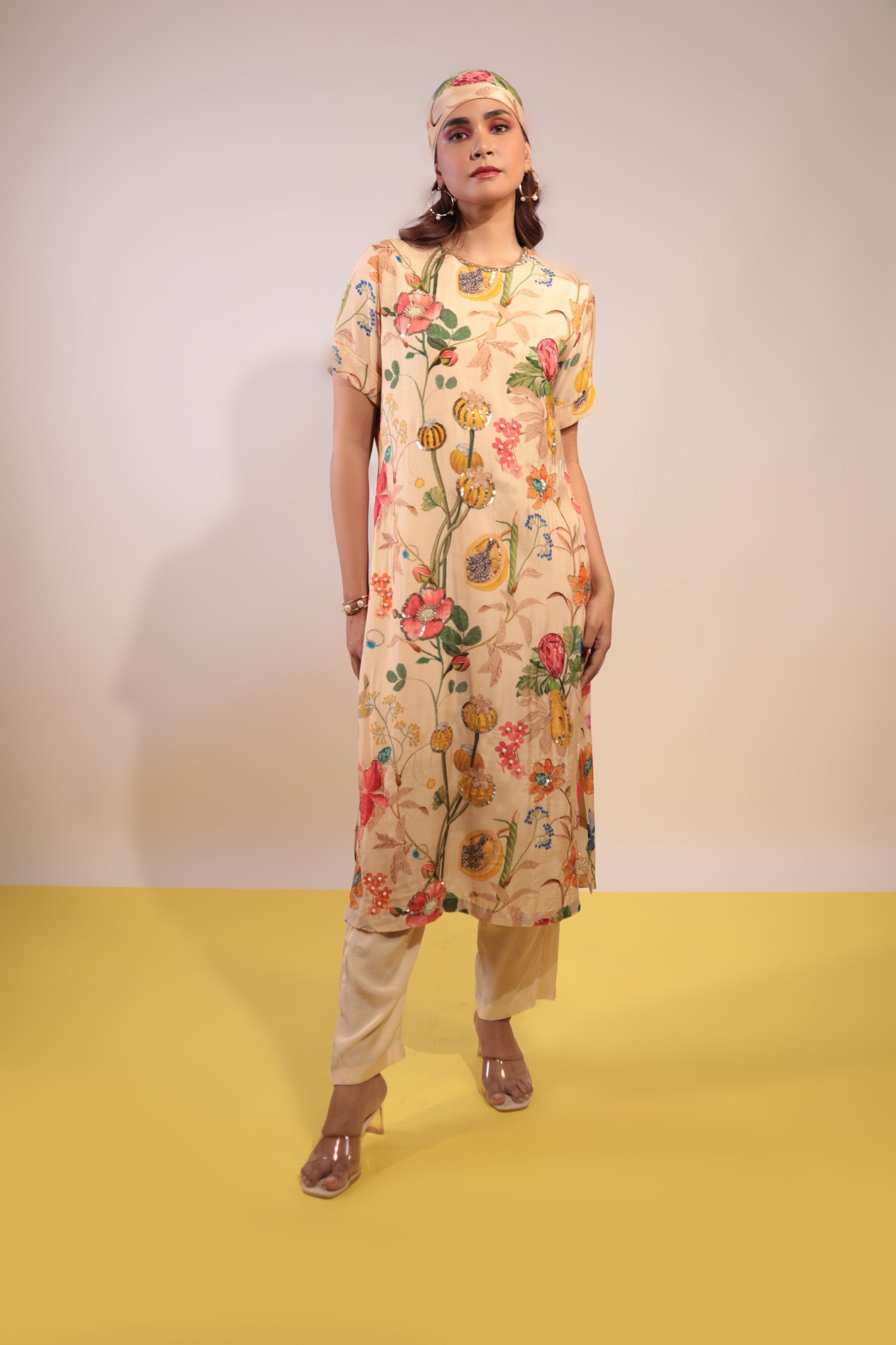 Beige Floral Kurti