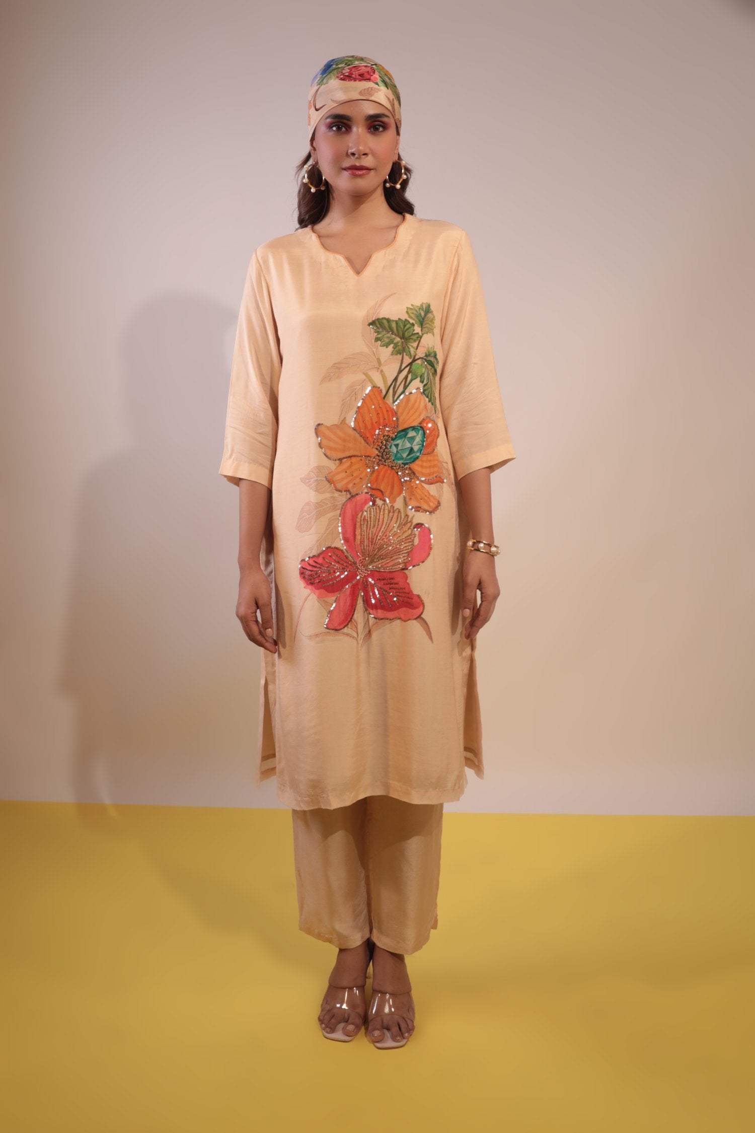 Beige Floral Placement Kurti