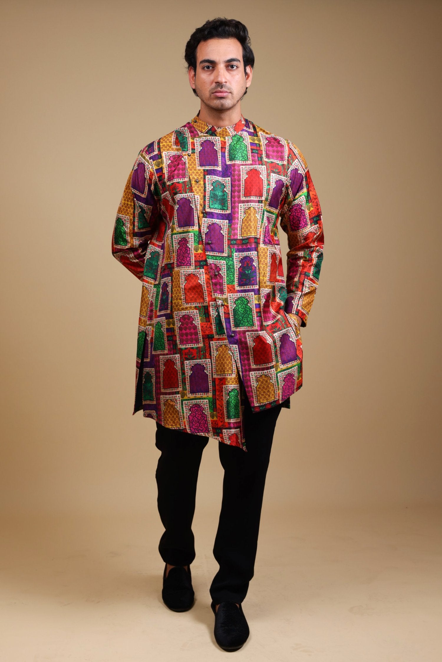 Stylish Jharoka Print Asymmetrical
  Kurta With Pants