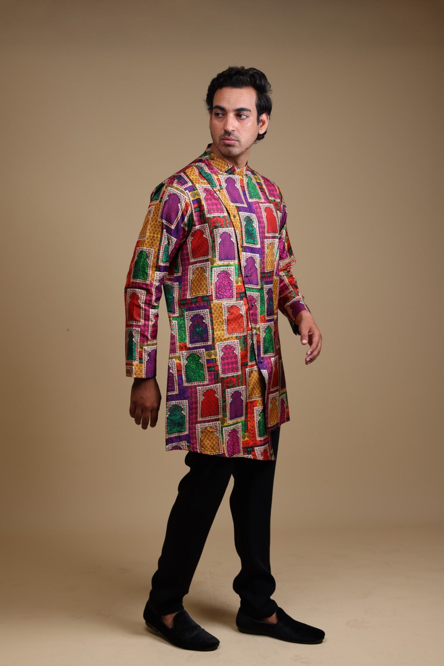 Stylish Jharoka Print Asymmetrical
  Kurta With Pants