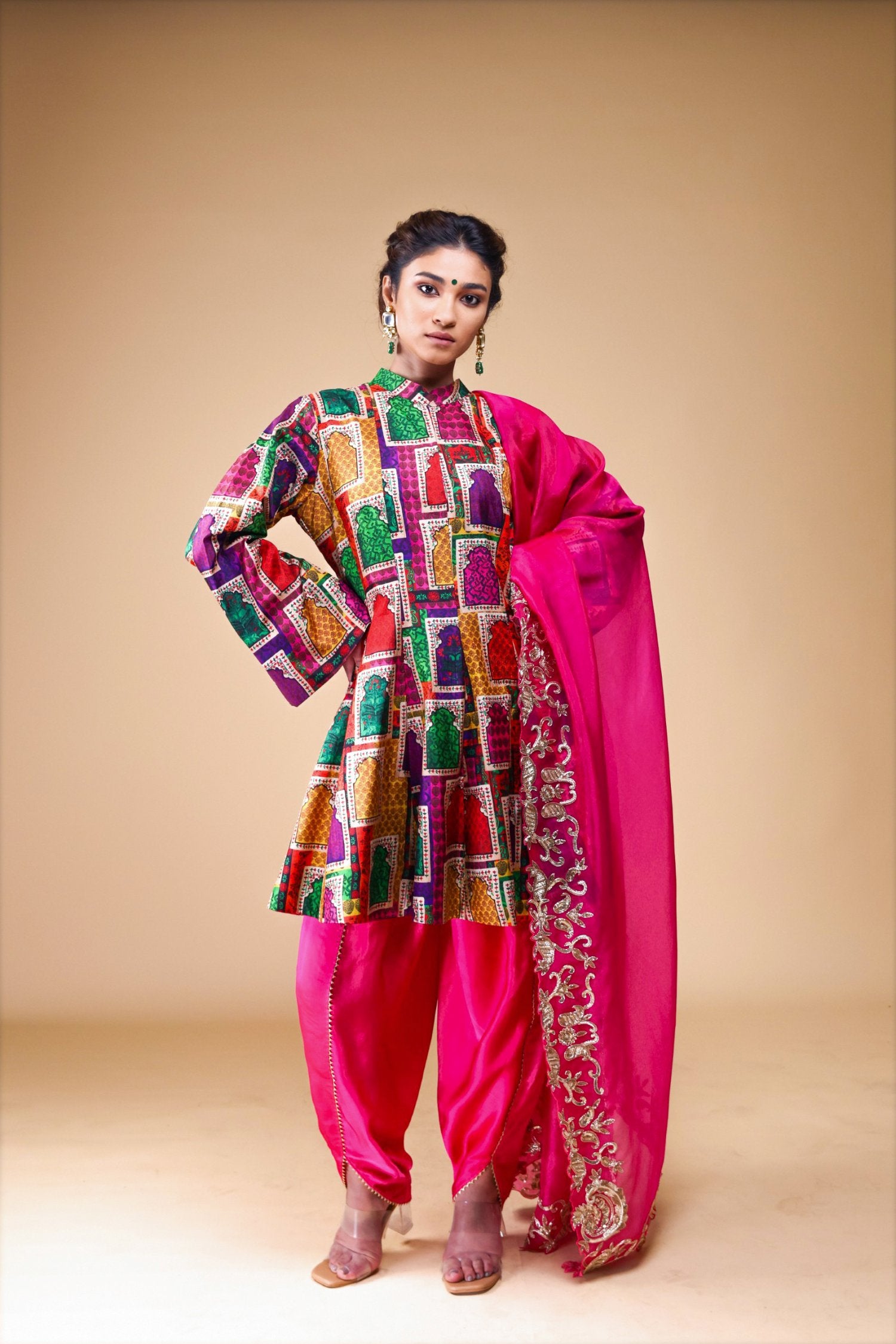 Kalidar Kurti With Tulip Pants With Zardosi Work Dupatta