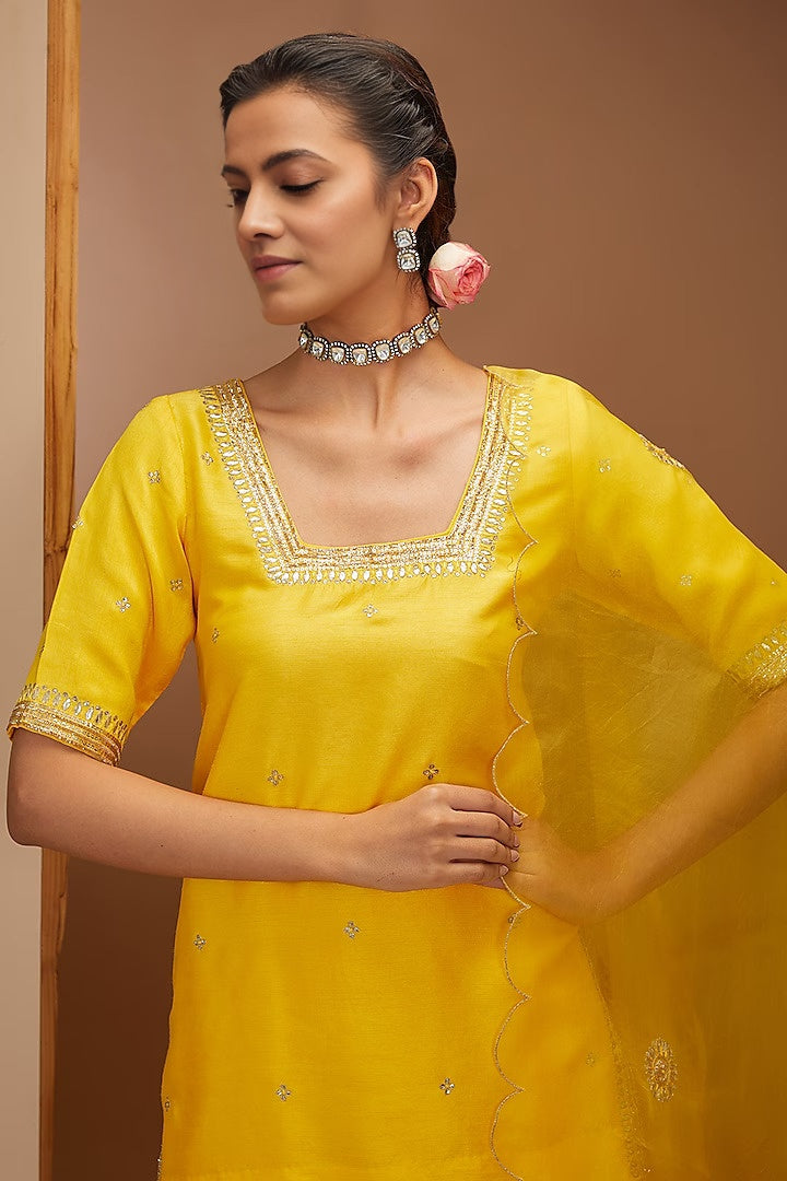 Yello Color Dupion Silk Hand Embroidered Sharara Set