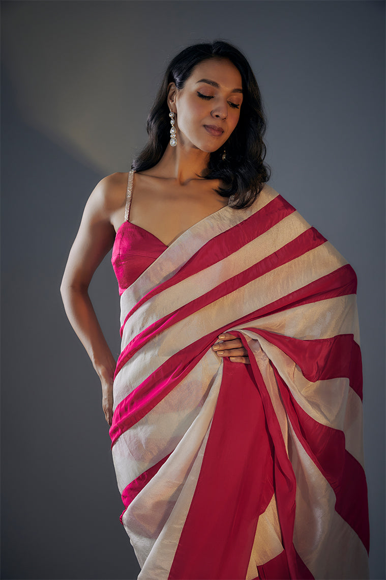 Hot Pink And Light Gold Colour Block Saree With Hot Pink Embroidered Blouse