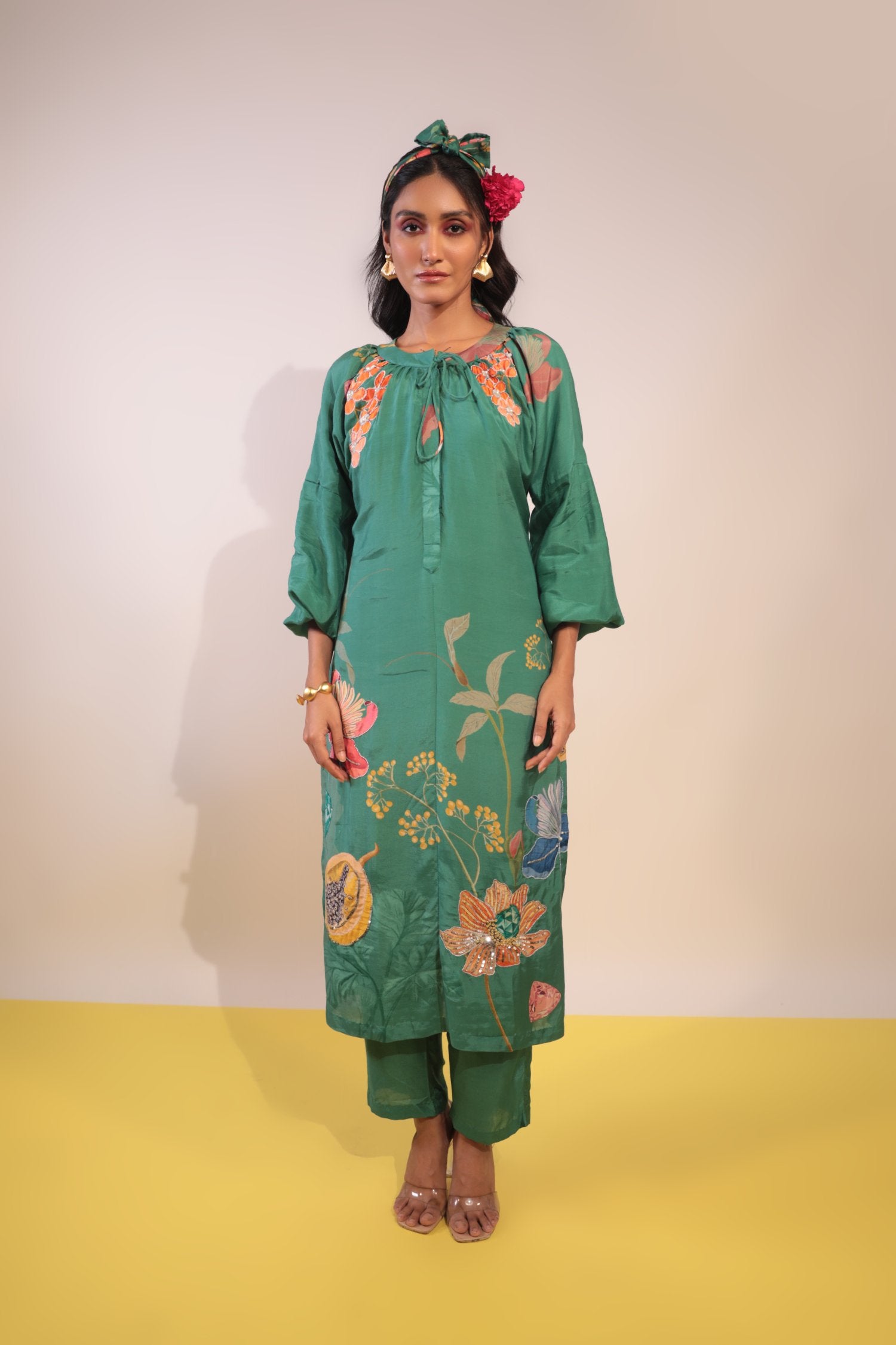 Green Floral Placement Kurti