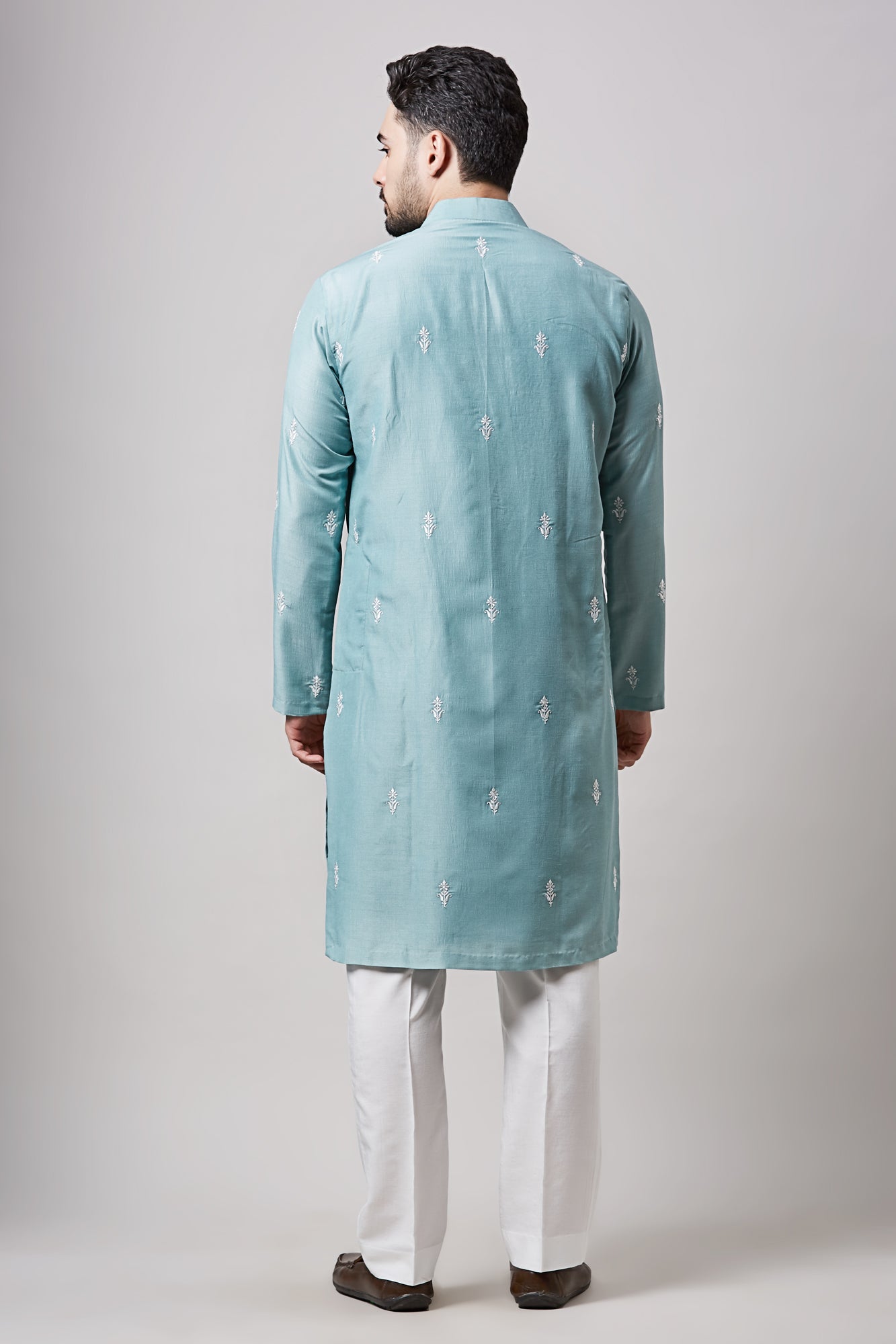 Blue Soy Silk Machine Embroidered Kurta Set