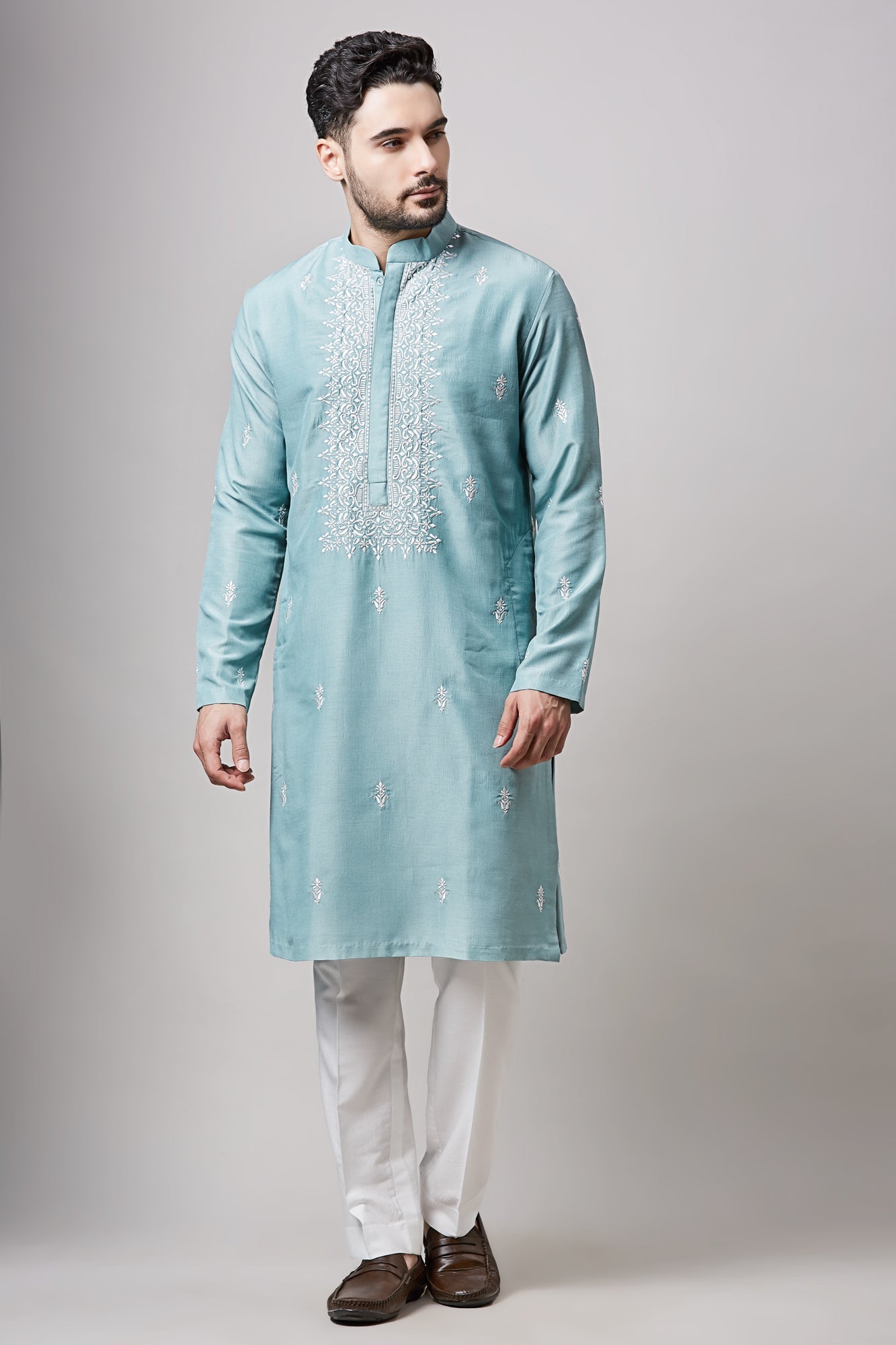 Blue Soy Silk Machine Embroidered Kurta Set