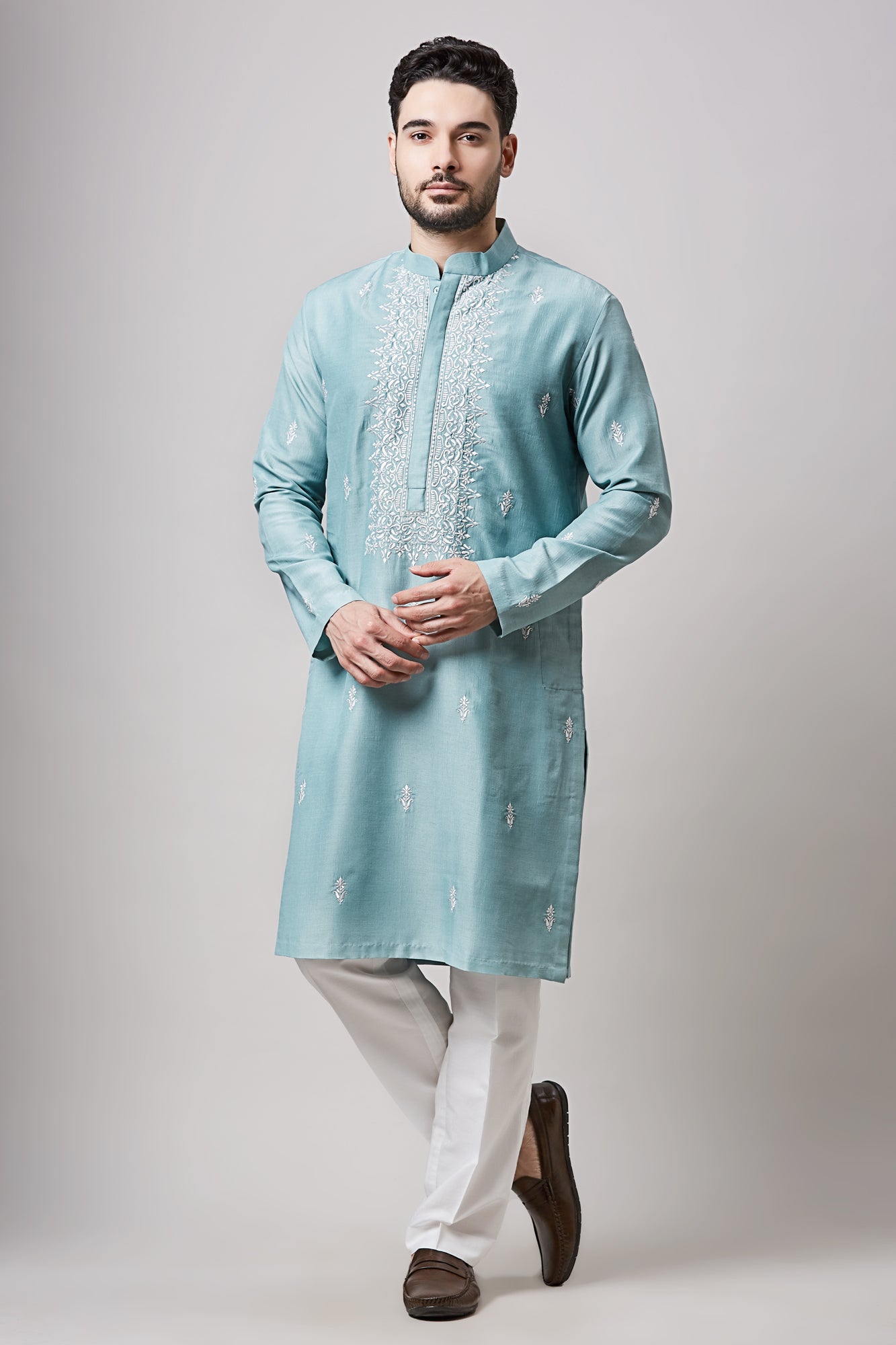 Blue Soy Silk Machine Embroidered Kurta Set