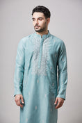 Load image into Gallery viewer, Blue Soy Silk Machine Embroidered Kurta Set
