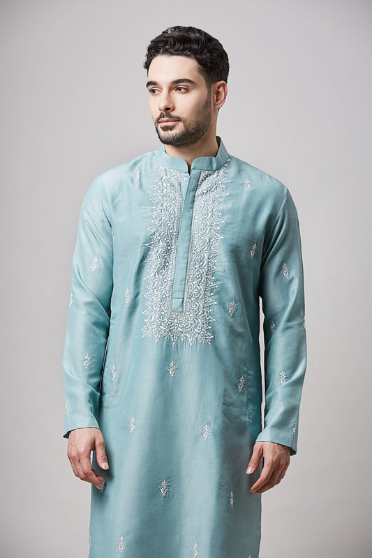 Blue Soy Silk Machine Embroidered Kurta Set