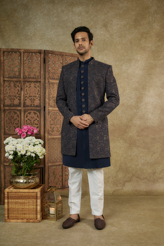 Midnight Blue Resham Embroidered Lucknowi Open Indowestern Set