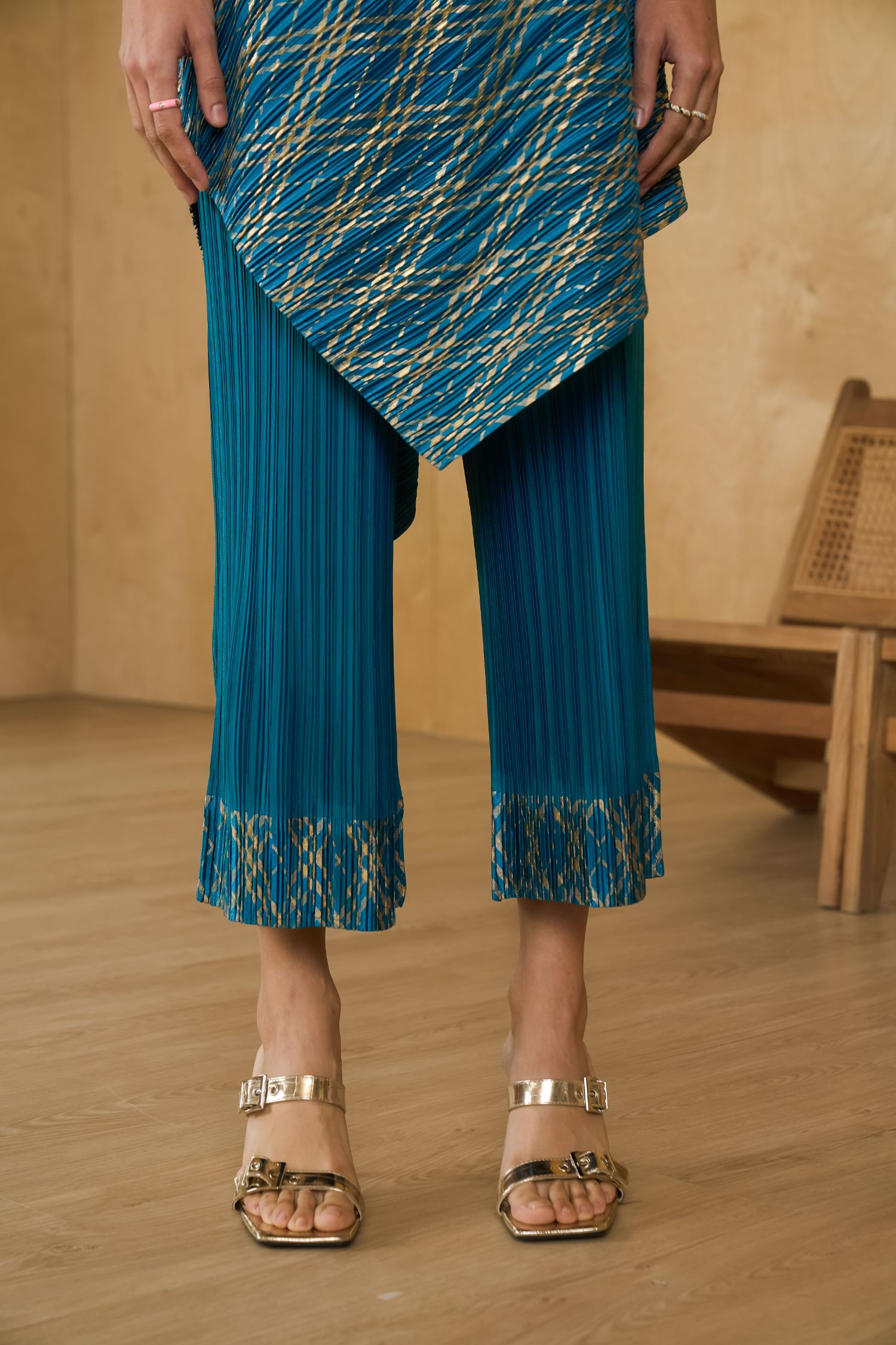 Teal Blue Metallic Kurti Drape Set