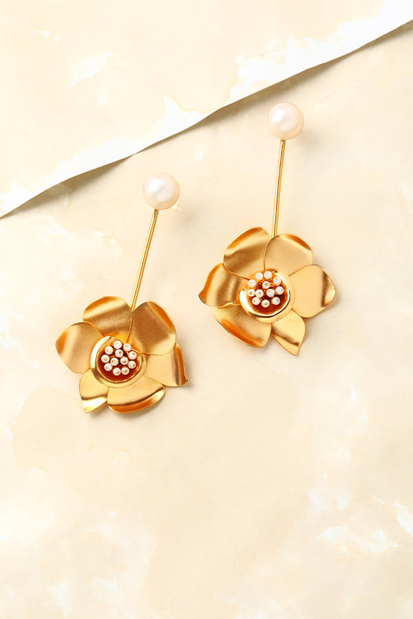 Gold Buttercup Pendulum Earrings With Pearls