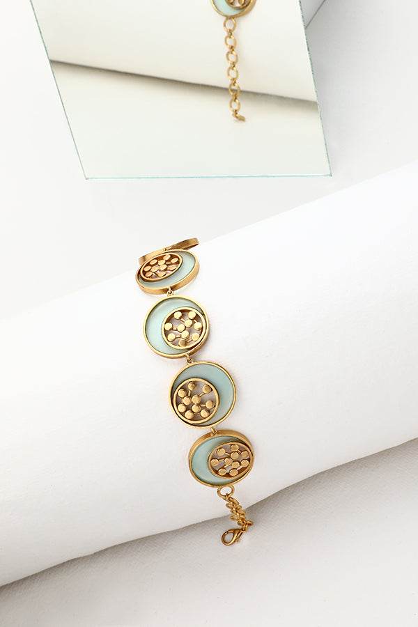 Gold Toned Cyan Acrylic Tangent Choker With Inlaid Dotted Circles